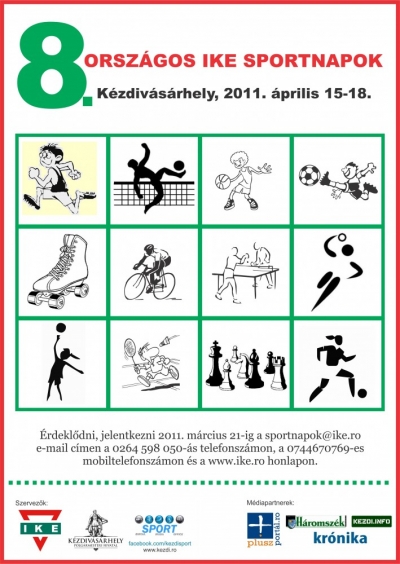VIII. Orsz�gos IKE Sportnapok K�zdiv�s�rhelyen - K�zdiv�s�rhely Polg�rmesteri Hivatala �s az Erd�lyi IKE (Ifj�s�gi Kereszty�n Egyes�let) id�n is megszervezi az Orsz�gos IKE Sportnapokat a c�hes v�rosban.&nbsp;A benevez� ifjak 10 f�le sport�gban m�rhetik �ssze erej�ket, tud�sukat �s �gyess�g�ket �prilis 15-18. k�z�tt.A sportol�s mellett lehet�s�g ad�dik kikapcsol�d�sra, elcsendesed�sre is, koncertek, �h�tatok, el�ad�sok v�rnak a r�sztvev�kre.Beneveze�si d�j: 85 lej jelentkez�si hat�rid�ig, 100 lej a helysz�nen�rdekl�dni, jelentkezni 2011. m�rcius 21-ig lehet a sportnapok@ike.ro levelez�si c�men, a 0264 598050-es, 0744 670769-es telefonsz�mokon, vagy az ike.ro honlapon.A szervez�k nev�ben:Kocsis Zolt�nsportiroda vezet�facebook.com/kezdisport8. Orsz�gos IKE Sportnapok - k�pek a facebook.com/kezdisport oldalonErd�ly 15 telep�l�s�r�l 130 ifj� sportol� gy�lt �ssze a 8. alkalommal megrendezett Orsz�gos IKE Sportnapokon K�zdiv�s�rhelyen. Az Erd�lyi IKE �s a c�hes v�ros polg�rmesteri hivatala azzal a c�llal szervezte meg ezt a rendezv�nyt, hogy lehet�s�get adjon min�l t�bb fiatalnak a mozg�sra, kikapcsol�d�sra, �s, hogy az '�p testben �p l�lek' �letszeml�letet terjessze az ik�sek k�z�tt.A h�romnapos esem�nyen sok alkalom ad�dott a mozg�sra, 9 -f�le sport�gban m�rt�k �ssze erej�ket, tud�sukat a jelenl�v�k. Est�nk�nt �hitatok, k�z�s �nekl�sek, j�t�kok szolg�lt�k a r�szvev�k lelki �p�l�s�t. Isten �zenet�t Syilveszter Aba, Beder Imre �s Dezs� L�szl� tolm�csolta az elcsendesed�sek alkalm�val.L�ssuk a megm�rettet�sek eredm�nyeit:MinifociKolozsv�r - Bulg�riatelepCserefalvaIllyefalvaKos�rlabdaIllyefalvaMedgyesCserefalvaK�zilabdaOlth�v�zMedgyesBulg�riatelepR�plabdaKolozsv�r - Bulg�riatelepKolozsv�r - KerekdombIllyefalvaL�bteniszVit�n Domokos, Misca Cosmin - K�zdiv�s�rhelyArdelean R�bert, Jakab Zsolt - IllyefalvaKap�s Zolt�n, Szilveszter Gy�rgy - CserefalvaAtl�tika800 m fut�s l�nyokJakab M�ria - K�zdiv�s�rhelyG�sp�s Kincs� - Sepsiszentgy�rgyJakab Anita - K�zdiv�s�rhely1000 m fut�s fi�kBaga Szabolcs - Kolozsv�r, Bulg�riatelepTam�s Gell�rt - Kolozsv�r, Bulg�riatelepKap�s Zolt�n - CserefalvaTollaslabdaL�nyokHogyai Katalin - MedgyesL�z�r Kinga - Kolozsv�r, Bulg�riatelepV�nyol�s Edina - Olth�v�zFi�kTam�s Gell�rt - Kolozsv�r, Bulg�riatelepV�ncsa Zsolt - IllyefalvaKap�s Zolt�n - CserefalvaSakkV�radi J�nos - Kolozsv�r, Bulg�riatelepLapohos �rs - Marosv�s�rhely, Gecse utcaBartha Alp�r - CserefalvaAsztaliteniszL�nyokJakab M�ria - K�zdiv�s�rhelyL�z�r Kinga - Kolozsv�r, Bulg�riatelepG�sp�r Kincs� - Sepsiszentgy�rgyFi�kBarti L�r�nt - K�zdiv�s�rhelyM�rkos Hunor - Marosv�s�rhely, Gecse utcaCroitoriu Alex (Olth�v�z), Kocsis Zolt�n (K�zdiv�s�rhely)J�v�ben is meg szeretn�nk szervezni a sportnapokat �s egy sportt�bor lehet�s�geir�l is gondolkodunk.Adja Urunk, hogy terveink az � dics�s�g�t �s embert�rsaink jav�t szolg�lj�k!a szervez�k nev�ben:Kocsis Zolt�nsportiroda vezet�facebook.com/kezdisportFot�: Vir�g Istv�n