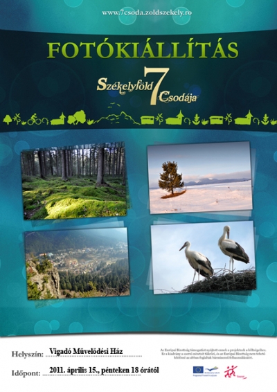 Székelyföld 7 csodája kiállítás - 2011. április 15., pénteken 18 órától a Vigadóban a Székelyföld 7 csodája kiállítás.Szeptember 1.- Február 28. között zajlott le Székelyföld természeti értékeit népszerűsítő egyik legnagyobb kampány, a Székelyföld 7 csodája elnevezésű projekt. Az Európai Bizottság támogatásával megvalósuló, 12 hónapos időtartamú projekt célja régiónk kevésbé ismert természeti és egyben turisztikai értékeinek népszerűsítése és a természettudatosság növelése a helyi fiatalok körében.A kampány 2010 augusztusában indult egy tematikus honlappal, amelyen keresztül székelyföldi erőforrásokban gazdag, értékes természeti területeket, illetve ezen értékek megőrzését veszélyeztető környezetvédelmi problémákat mutattunk be. A versenyben résztvevő 30 terület és 30 környezetvédelmi probléma közül a közösség kiválasztotta Székelyföld legkedveltebb 7 területét, illetve rangsorolta a régió legjellemzőbb környezetvédelmi problémáit.A két szakaszban zajló, fél évet tartó szavazás során 16.168 gépről érkező látogatók összesen 23.489 szavazatot adtak le.A projekt egy vándorkiállítással fog zárulni, mely keretében több településen bemutatásra kerül egy válogatás a beküldött illetve a projekt során készült fényképekből. A kiállítás első állomása Gyergyószentmiklós, majd Kézdivásárhelyen lesz megtekinthető április 15. és 21. között.Ezt követően - a tervek szerint - a kiállítás megtekinthető lesz Baróton, valamint Csíkszeredában is ahol majd kihirdetődik a fotó és esszépályázat nyertese is.Antal Imola, projekt koordinátorwww.7csoda.zoldszekely.ro