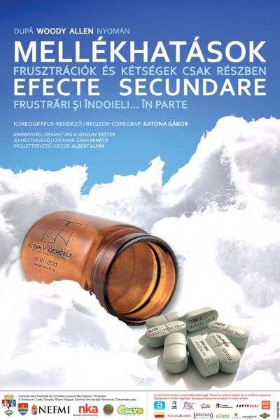 Mellékhatások - frusztrációk és kétségek csak részben, a temesvári Csiky Gergely Állami Magyar Színház előadása - 2011. május 3., kedden 19 órától Woody Allen nyomán: Mellékhatások - frusztrációk és kétségek csak részben, a temesvári Csiky Gergely Állami Magyar Színház előadása.'Isten hallgat, most már csak az Embernek kéne befognia a száját.''A valóság egyetlen jellemzője, hogy híján van a lényegnek. Amivel nem azt akarom mondani, hogy nincs lényege, hanem hogy híján van neki.''Ha nem hibázol folyton, az annak a jele, hogy nem hozol létre semmi újat.'Woody Allenről mindenkinek a neurotikus értelmiségi, a kicsi, szemüveges, New York-i entellektüel jut az eszébe, aki több időt tölt a pszichológusánál, mint partnerével, szüleivel vagy a munkahelyén. Azoknak, akik a figura mögé próbálnak látni elsősorban a sikerfilmek (Annie Hall, a Hanna és nővérei, Fogd a pénzt és fuss! stb.) rendezője jut eszébe. Pedig Allen nem csupán elsőrangú forgatókönyvíró, rendező és összetéveszthetetlenül egyedi színész, hanem színpadi szerzőként és négy kispróza kötetével pedig novellaíróként irodalmi babérokra is tör. A kisprózákban némileg átöltöztetve ugyan, de ugyanazokat az elemeket fedezhetjük fel, mint az Allen-filmekben: az értelmiségi, finom szellemeskedést, a néhol brutálisan abszurd poénokat, a mindent a szatíra görbe tükrén át szemlélő életfelfogást. De vajon még ma is érvényesek-e, hatnak-e ezek az Allen művészetének esszenciáját egybesűrítő novellák?Koreográfus-rendező: Katona GáborDramaturg: Gyulay EszterJelmeztervező: Cseh RenátóDíszlettervező: Albert AlpárElőadják: László Pecka Péter, Aszalos Géza, Magyari Etelka, Tokai Andrea, Bandi András Zsolthttp://www.tm-t.ro/