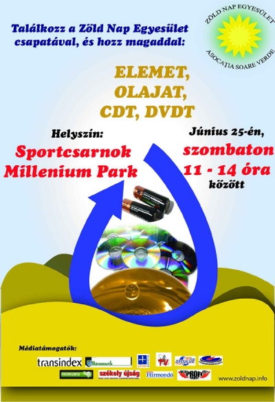 Ny�ri Olajgy�jt�s - 2011 j�nius 25-�n (szombat) 11 �s 14 �ra k�z�tt a Z�ld Nap Egyes�let tizedik alkalommal szervezi meg a haszn�lt �tolajgy�jt�si akci�t. A lakosok a haszn�lt �tolaj mellett elhozhatj�k a pap�rt, a sz�razelemeket �s a CD/DVD-t is.Gy�jt�pontok: A Sportcsarnok �s a Millenium park el�tt fel�ll�tott standok.K�zdiv�s�rhelyen k�v�l Sz�kelyf�ld hat telep�l�s�n szerveznek civil szervezetek nagy olajgy�jt�st akci�t: Sepsiszentgy�rgy, Gyergy�szentmikl�s, Sz�kelyudvarhely, Sz�kelykereszt�r, Bar�t �s Cs�kszeredaM�diat�mogat�ink: Profi R�di�, Transindex, Pluszport�l, Sz�kely �js�g, Sz�kely H�rmond�, Siculus R�di�, Polyp Tv, H�romsz�k, Szabadid�kalauzPlak�tterv: Boga Emese-MargitSzerz�: R�duly AttilaFrissJ�nius 25-�n �jabb olajgy�jt�si akci� zajlott le K�zdiv�s�rhelyen, a lakoss�g a folyamatos es�z�s ellen�re 47 liter haszn�lt zsirad�kot adott le a k�t gy�jt�pontn�l.A szombat d�lel�tti �sszehangolt Olajgy�jt�sen k�t ponton adhatta le a k�zdisz�ki lakoss�g a haszn�lt h�ztart�si olajat, de ezen k�v�l elemet, pap�rt, CD �s DVD lemezeket is gy�jt�ttek az aktivist�k. Egyetlen csepp haszn�lt �tolaj ak�r ezer liter �l�vizet is elszennyezhet! M�rpedig minden h�ztart�sban keletkezik haszn�lt s�t�olaj, amivel nem tud mit kezdeni. Az akci� ideje alatt az olajon k�v�l �t doboz pap�r �s egy kis zacsk� sz�razelem gy�lt �ssze.A Z�ld Nap Egyes�let tizedik alkalommal szervezett haszn�lt �tolajgy�jt�si akci�t a megy�ben. K�zdiv�s�rhellyel p�rhuzamosan Sz�kelyf�ld hat telep�l�s�n szerveztek civil szervezetek nagy olajgy�jt�st akci�t: Sepsiszentgy�rgy, Gyergy�szentmikl�s, Sz�kelyudvarhely, Sz�kelykereszt�r, Bar�t �s Cs�kszeredaA k�vetkez� hasonl� gy�jt�sre �sszel ker�l sor.Szerz�: R�duly Attila