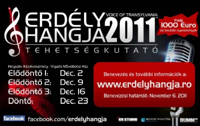 Erd�ly Hangja 2011 - Erd�ly eddigi legnagyobb szab�s� tehets�gt�mogat� kezdem�nyez�se&nbsp; az Erd�lyHangja, 2010-ben indult, melynek r�v�n ism�t lehetõs�g ny�lik, �j, eddig m�g nem hallott tehets�gek felfedez�s�re, kort�l, nemtõl, felekezeti hovatartoz�st�l&nbsp; f�ggetlen�l. A verseny c�lja, hogy felkutassa �s t�mogassa a hazai tehets�geket, hozz�j�rulva karrierj�k fejlõd�s�hez itthon, illetve k�lf�ld�n.�sszefoglal� - Erd�ly Hangja 2010A tavalyi �vad sikert�rt�net�t elemezve - t�bb sz�z jelentkezõ, t�bb ezer n�zõ, f�lmilli� online l�togat� a www.BummTv.com internetes port�lon - k�ts�gtelen, hogy 2011-ben is megszervez�sre ker�l a tehets�gkutat�, mely nagyszer� lehetõs�get biztos�t mindazoknak, akik szeretn�k megmutatni tud�sukat, tehets�g�ket a nagyvil�gnak. A kezdem�nyez�s t�mogat�sa p�lda�rt�kunek bizonyult mindannyiunk sz�m�ra, hogy ebben a rohamosan fejlõdõ anyagias vil�gban figyelmet ford�tsunk a kult�r�lis, szellemi �rt�keinkre. Ez�ton is szeretn�nk k�sz�netet mondani a t�mogat�knak �s a m�diapartnereknek, akik az esem�ny siker�ben b�zva k�sztet�st �reztek a tehets�gek t�mogat�s�ra, �gy&nbsp; v�llalva r�szt ebbõl a komoly, anyagi megpr�b�ltat�sokkal teli feladatb�l.�jdons�gok a 2011-es versenyr�lAz elõzõ �vad k�ts�gtelen, hogy bebizony�totta, Erd�lyben nincs hi�ny tehets�gekbõl, ez�rt 2011-ben is megszervez�sre ker�l a tehets�gkutat�, mely nagyszeru lehetõs�get biztos�t mindazoknak akik szeretn�k megmutatni tehets�g�ket,&nbsp; illetve tapasztalatot szeretn�nek gy�jteni karrierj�k fejleszt�s�hez. A versenyzõk �s a t�mogat�k sz�m�ra kiemelt telev�zi�s partnereink - a N�ta Tv, a MusicMix �s a Sz�kely Tv - biztos�tanak �j lehetõs�get, az �ltal, hogy&nbsp; k�zvet�tik a m�sort t�bb milli� n�zõnek, �s ugyanakkor felaj�nlottak egy visszautas�thatatlan aj�nlatot a gyõztesnek, egy saj�t videoklipp k�sz�t�s�t �s lej�tsz�s�t a zenecsatorn�n. Ez a t�t egy kih�v�s, bizony�t�si lehetõs�g �s&nbsp; elismer�s, melyet csakis az Erd�ly Hangja 2011 gyõztese �lvezhet. Szeptember 16.-t�l indul az online jelentkez�s a versenyre a www.BummTv.com port�lon, ahol minden �rdeklõdõ friss �s hasznos inform�ci�kat tal�l majd a versenyrõl. Akiknek a tavaly nem volt el�g b�tors�guk, vagy nem l�ttak elegendõ kih�v�st a versenyben, azok az id�n a&nbsp; MusicMix csatorn�n bej�tszott saj�t videoklippj�k�rt sz�llhatnak harcba, mely messzemenõleg t�bbet jelent egy egyszer� p�nznyerem�nyn�l, egy nyaral�sn�l vagy b�rmilyen t�rgyi nyerem�nyn�l, ez egy siker�lm�ny, igazi rivaldaf�ny.T�mogat�s/Promov�l�s/KapcsolatAz esem�ny igazi sz�ps�ge abban rejlene, hogyha ez a lelkes ind�tv�nyoz�s hagyom�nny� alakulna �s �vr�l �vre t�bbet ny�jtana �gy a versenyz�k, mint a k�z�ns�g sz�m�ra. A tavalyi szervez�shez k�pest �gy �rezz�k, hogy siker�lt egy sokkal �sszetettebb, prec�zebben kidolgozott rendezv�nytervezetet �ssze�ll�tanunk, melyhez&nbsp; sz�ks�g�nk lenne k�ls� seg�ts�gre is.Mindazok akik szeretn�nek hozz�j�rulni a 2011-es Erd�lyHangja sikeres megval�sul�s�hoz, az info@bummtv.com email c�men r�szletes t�j�koztat�st kapnak a t�mogat�s �rt�k�tõl f�ggõ marketing/rekl�m csomagokr�l, promov�l�si lehetõs�gekrõl, melyekkel szeretn�nk viszonozni a t�mogat�k er�fesz�t�seit.Tel: +4 0758 664 563Email: info@bummtv.comwww.bummtv.comwww.erdelyhangja.roFõd�j: 1000 Euro. M�g 26 nap van a benevez�si hat�ridõig![2011-10-10]Erd�ly eddigi legnagyobb szab�s� tehets�gt�mogat� rendezv�nye az Erd�ly Hangja, ism�t lehet�s�get ad, az �j, eddig m�g nem hallott tehets�gek felfedez�s�re.A tehets�gkutat� versenyre november 6.-ig lehet jelentkezni a www.erdelyhangja.ro oldalon, ahol a r�szletes �s friss�tett inform�ci�k is megtal�lhat�ak.Az Erd�ly Hangja&nbsp; gy�ztese a k�vetkez� nyerem�nyekkel gazdagodik:- 1000 Eur�- Videoklipp k�sz�t�s- N�pszer�s�t�s a Music Mix, a Nota TV zenecsatorn�kon �s a hazai/k�lf�ldi m�di�kban.A tov�bbiakban, minden fell�p� sz�m�ra megadatik a lehet�s�g, hogy megtegye els� l�p�seit karrierje �p�t�s�hez:- megmutathatja tehets�g�t t�bb milli� embernek itthon �s k�lf�ld�n- tapasztalatot szerezhet a sz�npadi, t�meg el�tti el�ad�s/fell�p�s m�v�szet�r�l- �p�t� jelleg� tan�csokat kap a szakemberekb�l �ll� zs�rit�l- hasonl� �rdekl�d�s� k�r�ekkel/ szakemberekkel ismerkedhet, oszthatja meg elk�pzel�seit, k�rd�seitAz Erd�ly Hangja tehets�gkutat�n, sz�nvonalas, bar�ts�gos k�rnyezet v�r minden versenyz�t, hiszen, nem szabad elfeledni, hogy a gy�zelem�rt foly� harcon k�v�l a kellemes hangulat, a sz�rakoz�s, az �lm�nyek gy�jt�se is fontos.A tehets�gkutat� el�ad�saira, K�zdiv�s�rhelyen a Vigad� M�vel�d�si H�zban ker�l sor, a k�vetkez� id�pontokban:- El�d�nt� 1: december 2- El�d�nt� 2: december 9- El�d�nt� 3: december 16- D�nt� g�laest: december 23Lez�rult a benevez�s [2011-11-10]Kik jelentkeztek eddig?�vod�sokt�l nyugd�jasokig, minden koroszt�lyb�l vannak r�sztvev�k, Erd�lyb�l, Magyarorsz�gr�l �s Szlov�ki�b�l is. Az Erd�ly Hangja tehets�gkutat�ra mindenki jelentkezhet, aki �gy �rzi van amit megmutasson a sz�npadon.A tavaly nem siker�lt?Ha a tavaly nem te vitted el a f�d�jat, akkor id�n ism�t �jra megpr�b�lhatod. Lehet, hogy nem siker�lt akkor maxim�lis teljes�tm�nyt ny�jts, vagy fejl�dt�l az�ta, �s id�n te lehetsz az Erd�ly Hangja gy�ztese. �j verseny, �j zs�ritagok, �j lehetõs�g!A helysz�n!A tavalyi versenyhez hasonl�an, a tehets�gkutat� K�zdiv�s�rhelyen, Kov�szna megy�ben ker�l megszervez�sre. A v�ros k�nnyen megk�zel�thet� minden ir�nyb�l, f��tvonalon fekszik. A rendezv�nysz�nvonal�t a Vigad� - M�vel�d�si h�z biztos�tja.A zs�riAz idei verseny zs�ritagjai:Mikl�s Gyuri (A Knock Out, Erd�ly legn�pszer�bb zenekar�nak basszusgit�rosa)G�sp�ry Istv�n Zsolt (A Bumer�ngzenekar ex-�nekese / A Retro R�di� / Fun FM m�sor vezet�je)Cserk�sz Emese (A Snaps Vocal-Band egy�ttes m�v�szeti vezet�je)Szil�gyi Zsolt Herbert (Jazz-zongorista)A verseny tiszteletbeli zs�ritagja Tam�s G�bor - Erd�ly minden id�k legn�pszer�bb k�nny�zene �nekese, aki megtisztel majd a jelenl�t�vel, mint zs�ri �s b�r�lni fogja a verseny d�nt�seit. A zs�ri Erd�ly leghitelesebb tehets�g�t keresi. L�gy te az! Jelentkezz �s gy�zd meg �ket, hogy te vagy a legjobb!