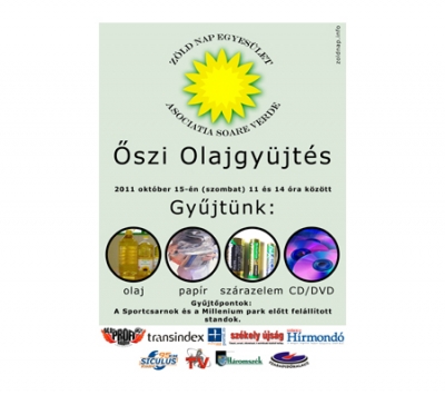 �szi Olajgy�jt�s - 2011 okt�ber 15.-�n (szombat) 11 �s 14 �ra k�z�tt a Z�ld Nap Egyes�let tizenegyedik alkalommal szervezi meg a haszn�lt �tolajgy�jt�si akci�t. A lakosok a haszn�lt �tolaj mellett elhozhatj�k a pap�rt, a sz�razelemeket �s a CD/DVD-t is.Gy�jt�pontok: A Sportcsarnok �s a Millenium park el�tt fel�ll�tott standok.K�zdiv�s�rhelyen k�v�l Sz�kelyf�ld hat telep�l�s�n szerveznek civil szervezetek nagy olajgy�jt�st akci�t: Sepsiszentgy�rgy, Gyergy�szentmikl�s, Sz�kelyudvarhely, Sz�kelykereszt�r, Bar�t �s Cs�kszeredaPlak�tterv: Barti J�nosSzerz�: R�duly Attilahttp://zoldnap.info/web/oszi-olajgyujtesFriss - �szi Olajgy�jt�st szerveztek K�zdiv�s�rhelyen - 2011-10-15http://zoldnap.info/web/oszi-olajgyujtest-szerveztek-kezdivasarhelyenOkt�ber 15-�n �jabb olajgy�jt�si akci� zajlott le K�zdiv�s�rhelyen, a lakoss�g a cs�p�s hideg ellen�re 43 liter haszn�lt zsirad�kot adott le a gy�jt�pontokn�l.A szombat d�lel�tti �sszehangolt Olajgy�jt�sen k�t helysz�nen adhatta le a k�zdisz�ki lakoss�g a haszn�lt h�ztart�si olajat, de ezen k�v�l 4 kg sz�razelemet, 6 zs�k pap�rt, CD �s DVD lemezeket is gy�jt�ttek az aktivist�k. Egyetlen csepp haszn�lt �tolaj ak�r ezer liter �l�vizet is elszennyezhet! M�rpedig minden h�ztart�sban keletkezik haszn�lt s�t�olaj, amivel nem tud mit kezdeni.A Z�ld Nap Egyes�let tizenegyedik alkalommal szervezett haszn�lt �tolajgy�jt�si akci�t a megy�ben. K�zdiv�s�rhellyel p�rhuzamosan Sz�kelyf�ld hat telep�l�s�n szerveztek civil szervezetek nagy olajgy�jt�st akci�t: Sepsiszentgy�rgy, Gyergy�szentmikl�s, Sz�kelyudvarhely, Sz�kelykereszt�r, Bar�t �s Cs�kszeredaA k�vetkez� hasonl� gy�jt�sre t�len ker�l sor.Szerz�: R�duly Attila