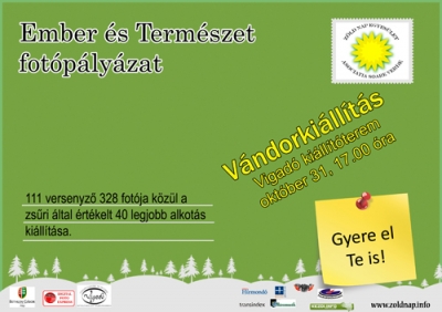 Ember �s Term�szet - A Z�ld Nap Egyes�let fot�p�ly�zat�nak ki�ll�t�sa - 2011. okt�ber 31., h�tf�n 17 �r�t�l - Ember �s Term�szet - A Z�ld Nap Egyes�let fot�p�ly�zat�nak ki�ll�t�sa.Ember �s Term�szet c�mmel hirdetett fot�p�ly�zatot a k�zdiv�s�rhelyi Z�ld Nap Egyes�let augusztus h�napban. A jelentkez�k munk�it n�gy h�ten �t v�rt�k, lebonyol�t�s�ra a zoldnap.info port�l adott helyet. A p�ly�zat c�lja a fot�sok m�vein kereszt�l felh�vni a figyelmet az ember �s a term�szet k�z�tti szoros kapcsolatra annak sz�ps�geire �s �rt�keinknek meg�v�s�ra.A bek�ld�tt fot�kat n�gytag�, f�ggetlen zs�ri, Nagy Lajos, Bede G�bor, Kelemen G�bor �s Vetr� Andr�s b�r�lta el. A legjobb 40 munka - 28 versenyz� alkot�sa - el�sz�r szeptember 20-�n ker�lt bemutat�sra az ojtozi Anselmo fogad�ban.A ki�ll�t�st t�bb helysz�nre is tervezt�k a szervez�k, �gy miut�n az Anselmo fogad�ban t�bb sz�z megtekint�je volt, okt�ber 7-t�l 23-ig a sepsiszentgy�rgyi B�stya k�v�z� els� emelet�n volt l�togathat�. Az elk�vetkez�kben tov�bbi h�rom helysz�nen is megtekinthet� lesz a v�ndorki�ll�t�s: okt�ber 31-t�l k�t h�ten �t a k�zdiv�s�rhelyi Vigad� M�vel�d�si H�z f�ldszinti ki�ll�t�term�ben, majd ezut�n Kov�szn�n a Tourinfo iroda emeleti term�ben, valamint Cs�kszered�ban is.Friss - Ember �s Term�szet fot�ki�ll�t�s Kov�szn�n - 2011-11-15V�ndorki�ll�t�s l�v�n az utols� �llom�son Kov�szn�n is t�bb h�ten �t l�togathat� lesz a legjobb alkot�sokb�l �ssze�ll�tott anyag. A megnyit�ra november 21-�n 17 �r�t�l ker�l sor a kov�sznai Tourinfo iroda emeleti term�ben.http://zoldnap.info/web/ember-es-termeszet-fotokiall%C3%ADtas-kovasznan