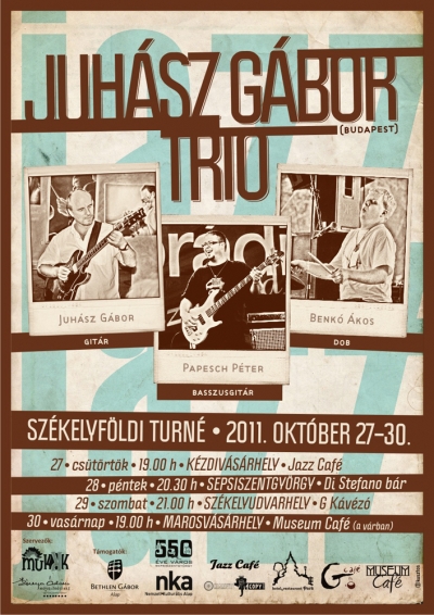 Juh�sz G�bor tri� koncert a Jazz Caf�-ban - A budapesti JUH�SZ G�BOR TRI� sz�kelyf�ldi turn�n vesz r�szt, melynek keret�ben okt�ber 27.-�n cs�t�rt�k�n 19 �r�t�l K�zdiv�s�rhelyen a JAZZ CAF�-ban l�pnek fel.Juh�sz G�bor Aegon, Gramofon �s Artisjus d�jas jazz git�ros.2006-ban megalap�totta a Juh�sz G�bor tri�t, melyben Papesch P�ter basszusgit�rozik �s Fodo (F�dõ S�ndor) j�tszik �tõhangszereken. 2009 �ta Bacs� Krist�f szaxofon �s Schreck Ferenc harsona mûv�sszel kieg�sz�lve Juh�sz Quintet n�ven is fell�pnek.2009-ben 1978 c�mmel jelent meg Juh�sz G�bor szerzõi CD-je amelyen a kvintett �s a tri� is szerepel, valamint L�szl� Attila git�ron �s Borb�ly Mih�ly szaxofonon.A lemez 2010-ben elnyerte a Gramofon magazin lemezkritikusai �ltal megit�lt, 'Az �v magyar jazzhanglemeze' d�jat.A zenekar tagjai:JUH�SZ G�BOR - git�r,PAPESCH P�TER - basszusgit�rBENK� �KOS - dob.A turn� szervezõje a sepsiszentgy�rgyi MUKKK KULTUR�LIS �S IFJ�S�GI EGYES�LET.http://www.mukkk71.blogspot.com