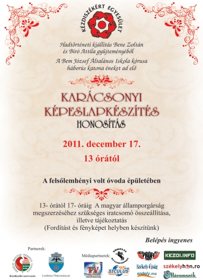 Kukoricatöréstől farsang farkáig Lemhényben - Lemhénybe látogat a Kézdiszékért EgyesületKarácsonyi képeslapkészítés, hadtörténeti kiállítás és kihelyezett honosítási ügyintézés szerepel a Kézdiszékért egyesület Lemhényben sorra kerülő rendezvényén 2011. december 17-én 13 órától. A rendezvény helyszíne a felsőlemhényi óvoda, társszervező Lemhény önkormányzata, és a Kézdiszéki EMNT. A rendezvényt a Bethlen Gábor Alap támogatja.Lemhény lesz a Kézdiszékért Egyesület tagjai a 'Kukoricatöréstől farsang farkáig' közösségépítő rendezvénysorozatának következő állomása. A szombat délutánt kitöltő közösségi tevékenység Bene Zoltán és Bíró Attila helybeli gyűjtők munkájából szervezett hadtörténeti kiállítással indul, ezt követően a helyi Bem József Általános Iskola kórusa katonaénekeket ad elő. A délután során karácsonyi képeslap készítésére is sor kerül a Kézdiszékért Egyesület tagjai irányításával. A kézdivásárhelyi Demokrácia Központ munkatársai a könnyített honosítást igénylőknek nyújtanak segítséget az iratcsomó összeállításában. A szervezők szeretettel várnak minden érdeklődőt.