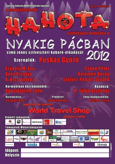 Nyakig p�cban - sz�ntiszta Hahota, zen�s szilveszteri kabar� - 2012. janu�r 11., szerd�n 17 �s 20 �r�t�l,Nyakig p�cban - sz�ntiszta Hahota, zen�s szilveszteri kabar�.A Hahota tagjai eg�sz est�t bet�lt�, n�gy �j jelenetet v�logatnak �ssze, valamennyi klasszikus boh�zat, perg�, nevettet�, v�ratlan fordulatokban gazdag jeleneteket l�that a k�z�ns�g. A jelenetekhez megfelel� d�szletet t�rs�tanak, korh� b�tordarabokat v�logatnak �ssze. Mindenik jelenetben valaki valami�rt nyakig van a p�cban, s ez az els� jelenetben el is hangzik. Az idei el�ad�s k�l�nlegess�ge, hogy a t�rsulatnak nincs megh�vottja, mint az el�z� �vekben. A sz�n�szek j�tszanak, t�ncolnak, �nekelnek, mindent nekik kell megoldani. Ennek az elk�pzel�snek a kivitelez�se azt jelenti, hogy k�tszer annyi pr�ba, k�tszer akkora energiabefektet�s sz�ks�ges.Szerepl�k: Pusk�s Gy�z�, A. Kiss Andrea, Bo�r Orsolya, Cseke P�ter, Kelemen Barna, Sz�kely M. �va �s Sz�l�si-P�nzes Szil�rd.&nbsp;Harmonik�n k�zrem�k�dik: Apostolache Z�n�T�nc, sz�npadi mozg�s: Selyem Ildik� koreogr�fusAz el�ad�sokra egy jegy �ra 20 lej.www.hahota.com