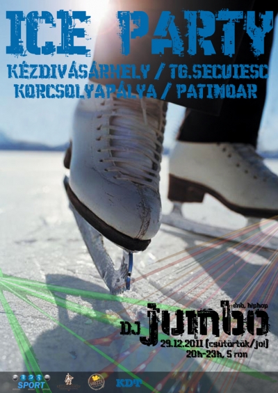 Ice Party a Korcsolyap�ly�n - December 29.-�n cs�t�rt�k�n 20 �r�t�l mindenkit v�runk sok szeretettel, az �vv�ge el�tti ICE PARTY-ra, vagyis korcsoly�z�s bulira! Az esem�ny a Sport Iroda, a KDT �s a K�zdi Filmklub k�z�s szervez�s�ben t�rt�nik, helysz�n a k�zdiv�s�rhelyi Korcsolyap�lya. A finom zenei dallamok�rt �s ritmusok�rt (liquid dnb, hip-hop) DJ JUMBO lesz a felel�s.A min�s�gi hang mellett, f�nyekkel sz�nes�tj�k a helyet. Az al�bbi linken lehet belehallgatni Jumbo zenei vil�g�ba: http://soundcloud.com/djjumbo/jumbo-liquid-line-drum-and-bass-mix    A bel�p�s 5 ron kicsiknek, nagyoknak ! :)&nbsp;Sport Iroda, KDT, Filmklub