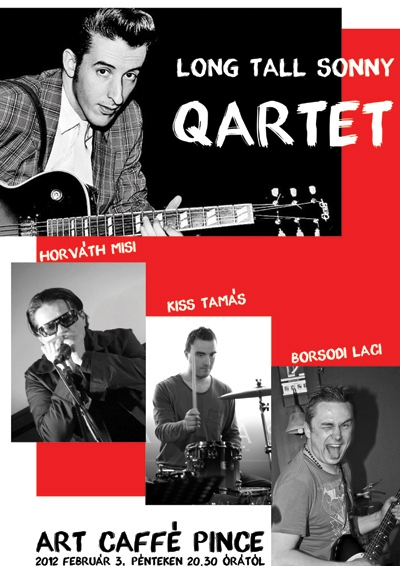 Long Tall Sonny Qartet koncert - 2012. febru�r 3., p�nteken 20.30 �r�t�l Long Tall Sonny Qartet koncert az Art Caff� pinc�ben.A Sonny m�v�szn�vre hallgat� fiatal magyar git�ros-�nekes el�ad�t m�r nemcsak haz�j�ban fogadj�k �nnepelt szt�rk�nt, de Nyugat-Eur�pa is felfedezte mag�nak.Long Tall Sonny (Sopron, 1983), azaz Mr. Rhythm-and-blues Eur�pa legfigyelemrem�lt�bb autentikus rhythm-and-blues �nekese, git�rosa, aki a m�faj eredeti, 40-es, 50-es �vekbeli form�j�t n�pszer�s�ti. 1998 �ta j�tszik sz�npadon, eleinte egyed�l l�pett f�l, akusztikus country-blues m�sorral, majd sz�mtalan form�ci�val dolgozott egy�tt, rendszeresen t�bbek k�z�tt a Blue S. Trio-val, Big Fat Chubby-val (az �vek sor�n Sonny az orsz�g szinte �sszes blues-zen�sz�vel koncertezett egy�tt, Fekete Jen�t�l Pribojszki M�ty�son �t Little G. Weevil-ig, ahogy rock-a-billy band�kkal is fell�pett, pl. Mystery Gang, Rockin' RockCats). K�zben 2000-t�l n�gy �ven kereszt�l Charming Marty sz�jharmonik�ssal adtak nagysiker� koncerteket, �s szerepelt Goth�r P�ter Magyar Sz�ps�g c�m� filmj�ben, ahol Lovasi Andr�st k�s�rte basszusgit�ron.M�g ugyanebben az �vben alakult saj�t zenekara Sonny and his Wild Cows n�ven, szint�n Charming Marty-val, valamint Vince Huber git�rossal �s Buddy Benkey nagyb�g�ssel.K�zdiv�s�rhelyre r�gi bar�taival, �s a k�zdiv�s�rhelyiek �ltal is ismert Horv�th Misivel, Borsodi Lacival �s Kiss Tam�ssal �rkezik. A fergeteges show, a Rock and Roll �s a Rhythm and Blues muzsika v�rhat�an mindenkit j�kedvre der�t majd!Fel�ll�s:Long Tall Sonny - git�r, �nekKiss Tam�s - dobBorsodi Laci - git�r, �nekHorv�th Misi - sz�jharmonika, git�r, �nek