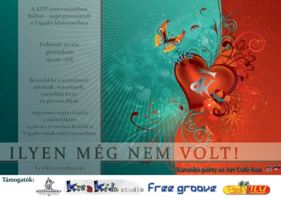 B�lint-nap a Vigad�ban - A K�zdiv�s�rhelyi Di�ktan�cs, valamint a Kreakids Studi� �s
a k�zdiv�s�rhelyi polg�rmesteri hivatal, p�nteken, febru�r 10.-�n 19 �r�t�l B�lint-napot szervez a Vigad�
M�vel�d�si H�z kisterm�benBesz�ld ki a szerelmet: j�t�kok, versenyek, szerelmi kv�z �s persze d�jak. Ingyenes regisztr�ci� cs�t�rt�k�n 14:00 �s 17:00 �ra k�z�tt a Vigad� f�ldszinti term�ben.