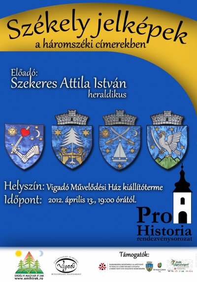 Pro Historia el�ad�s -  Sz�kely jelk�pek a h�romsz�ki c�merekben - 2012. �prilis 13., p�nteken 19 �r�t�l Pro Historia - el�ad�s a k�zdiv�s�rhelyi EMI szervez�s�benSz�kely jelk�pek a h�romsz�ki c�merekben, megh�vott el�ad� Szekeres Attila Istv�n heraldikusPro Historia c�mmel tizen�t el�ad�sb�l �ll� rendezv�nysorozatot ind�tott �tj�ra az Erd�lyi Magyar Ifjak szervezete H�romsz�k v�rosaiban. A t�m�k t�rt�nelm�nk k�zelebbi �s t�volabbi esem�nyeihez, neves szem�lyis�gekhez vagy int�zm�nyekhez k�t�dnek, az el�ad�k z�mmel itt �l� szakemberek: muzeol�gusok, tan�rok, t�rt�n�szek, �js�g�r�k, utaz�k - a c�lk�z�ns�g pedig a fiatals�g.Az els� Pro Historia el�ad�ja Bed� Zolt�n k�z�r�, �js�g�r�, szerkeszt�, az Incze L�szl� Egyes�let egyik alap�t�ja, a m�zeum n�vad� �tletgazd�inak �s kezdem�nyez�inek egyike volt, aki Mi�rt viselje Incze L�szl� nev�t a C�ht�rt�neti M�zeum? t�m�ban sz�lalt fel a k�zdiv�s�rhelyi k�z�ns�g el�tt. A m�sodik Pro Historia el�ad�ja Dim�ny Attila n�prajzi muzeol�gus, a kolozsv�ri Magyar N�prajz �s Kultur�lis Antropol�gia tansz�k doktorandusa volt, aki 'K�zdiv�s�rhely egyes�leti �lete 1842-1948 k�z�tt' c�mmel tartott el�ad�st.