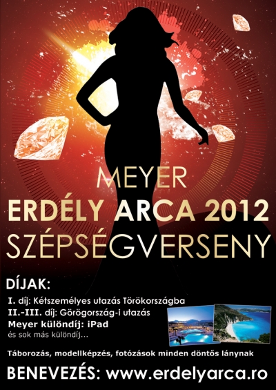 Meyer Erdély Arca Szépségverseny 2012 - a verseny elkezdődött - Meyer Erdély Arca Szépségverseny - A verseny elkezdotott Meyer Erdély Arca 2012Hivatalosan kezdetét vette az idén negyedik alkalommal megrendezésre kerülő 'Meyer Erdély Arca Szépségverseny'! Az idei verseny 9 szakaszból épül fel, melyből az első szakasz, a benevezés elkezdődött! A benevezést követően a résztvevők szakaszról-szakaszra juthatnak az elődöntőbe majd a döntőbe. Az elődöntőn továbbjutó 12 döntős lány számára egy 10 napos felkészítő táborozás következik, ahol fotózásokon vesznek részt, mozgás-, beszédtechnikát, színpadi megjelenést tanulnak, valamint különböző szórakoztató programokon vesznek részt.DÍJAKFődíj: 2 személyes, 7 napos utazás TörökországbaMásodik díj: 7 napos utazás GörögországbaHarmadik díj: 7 napos utazás GörögországbaMeyer különdíj: iPadSzámos további különdíj hamarosan!DÁTUMOKBenevezési határidő: 2012. Május. 31.Szavazás kezdete: 2012. Május. 20.A versenybe 15. életévüket betöltött erdélyi lányok nevezhetnek be, a benevezés ingyenes. Benevezés, ismerős benevezése: http://www.erdelyarca.ro