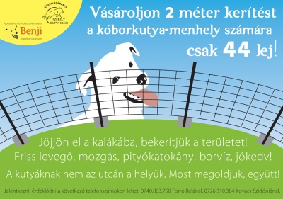 Adom�ny a kutyamenhely-ker�t�s meg�p�t�s�hez - A Benji �llatv�d� Egyes�let �s a Sz�kely Kutya Klub felh�v�st int�z K�zdiv�s�rhely �s k�rny�ke lakosaihoz: j�nius folyam�n beker�tj�k amenhelynek sz�nt ter�letet, ehhez t�mogat�kat �s �nk�nteseket keres�nk. 44 lejes adom�nnyal b�rki 2 m�ter ker�t�s meg�p�t�s�t teszi lehet�v�, az adom�nyr�l nyugt�t is adunk. Term�szetesen t�bb mint 2 m�ter ker�t�st is lehet v�s�rolni, �s c�gek t�mogat�s�t is nagyon sz�vesen l�tjuk. A ker�t�s teljes hossza t�bb mint 600 m�ter. Az adom�nyok begy�jt�s�t k�vet�en kal�k�t tartunk, szeretettel v�runk mindenkit aki seg�teni szeretne a ker�t�s fel�ll�t�s�ban. A kal�k�n lesz pity�katok�ny, fortyog�i borv�z, �s rem�lj�k j�kedv, halad�s is!A kal�ka id�pontj�t nemsok�ra k�z�lni fogjuk. Jelentkezni, �rdekl�dni a k�vetkez� telefonsz�mokon lehet: a 0729692092-es sz�mon, a BenjiEgyes�letn�l, a 0740.003.750-es sz�mon Forr� B�l�n�l, illetve a 0726.310.384-es sz�mon, Kov�cs Szid�ni�n�l.Minden v�roslak� k�z�s gondja a k�bor kuty�k mindm�ig megoldatlan helyzete K�zdiv�s�rhelyen, hiszen az �llatbar�tok �s az ebeket nemkedvel�k is egyet�rtenek abban, hogy nem az utc�n van a hely�k. Ezt MOST meg tudjuk oldani, egy�tt!Benji �llatv�d� Egyes�letAd�sz�m: 29783237Banki sz�mlasz�m: RO21 VBBU 2511 CV13 4922 2799Volksbank RomaniaTel: 0726 310 384Fax: 0367 569 883Mobil: 0755 075 170www.help-benji.robenji@help-benji.ro