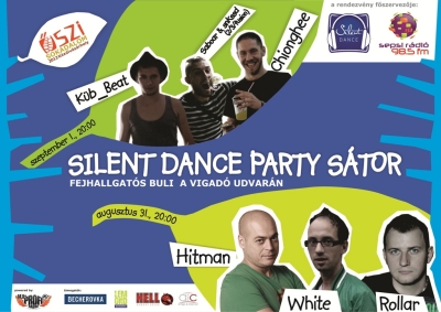 Silent Dance Party a Vigad� udvar�n - A fiatalabb gener�ci�nak egy abszol�t premiernek sz�m�t� sz�rakoz�si lehet�s�get k�n�lnak a szervez�k. El�sz�r lesz K�zdiv�s�rhelyen Silent Dance Party, amely azt jelenti, hogy a r�sztvev�k fejhallgat�val a fej�k�n, h�rom k�l�nb�z� csatorn�n, h�rom lemezlovas, m�s-m�s st�lus� zen�j�re bulizhatnak, csendben. A Silent Dance partis�trat a Vigad� udvar�n rendezik be, augusztus 31-�n �s szeptember elsej�n 22 �r�t�l.'Minden este h�rom lemezlovas fog zen�lni, p�nteken a mai sl�gerekre �s partizen�kre fektett�k a hangs�lyt, szombaton pedig alternat�v �s elektronikus zene lesz' - mondta Moln�r Katalin, a Silent Dance partik helyi felel�se. Mindk�t este 400 fejhallgat�val �s t�bb mint 800 elemmel k�sz�lnek, a buli bel�p�s lesz, amellyel az �rdekl�d� 'kib�reli' a vezet�k n�lk�li fejhallgat�t, �s amelyre egy italt is kap.Augusztus 31.-�n p�nteken este 20 �r�t�l zen�l Hitman, dj White �s dj RollarSzeptember 1.-�n szombaton este 20 �r�t�l zen�l K�b_Beat, Saboar & snkssd (2/3/fusion), Chionghee
