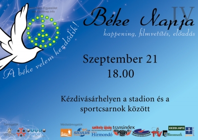 Béke Napja negyedszer - 2012. szeptember 21-én 18:00 órától a Zöld Nap Egyesület immár negyedik alkalommal emlékezik meg a Béke Világnapjára. Péntek délután gyere, és alkosd meg velünk a Béke jelt a céhes városi Sportcsarnok és a stadion között! Segíts megmutatni, hogy sokan vagyunk, akik változtatni akarunk! Ha tudsz, fehér felsőben gyere!A happening után a sportmotel társalgójába Jeremy Gilley: 'Egy Nap Béke' (magyar felirattal) filmvetítésre és Raff Róbert: 'A világvége jelei (Háborúk, fegyverek és ökológiai válság)' előadásra kerül sor.Szeptember 21-én a béke napját ünnepeljük, de vajon beszélhetünk-e manapság békéről? A II. világháború befejezése óta nem volt egyetlen olyan nap, amikor valahol a Földön ne folyt volna valamilyen fegyveres küzdelem. Napjainkban a Föld lakosságának egyharmada háborús körülmények között él.Partner: a kézdivásárhelyi önkormányzat, a HKa és a kézdivásárhelyi sportirodaSzerző: Ráduly AttilaPlakátterv: Ieva Brikmane