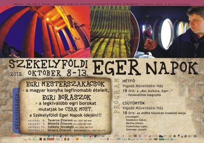 Székelyföldi Eger Napokat tartanak Kézdivásárhelyen - Eger város kultúráját és borait népszerűsítő Székelyföldi Eger Napokat rendeznek Hargita és Kovászna megye több városában október 8-14. között. A sepsiszentgyörgyi magyar kulturális központ szervezésében a programsorozat rendezvényei székelyföldi városokban párhuzamosan zajlanak: Sepsiszentgyörgyön, Csíkszeredában, Székelyudvarhelyen és Kézdivásárhelyen. Az egri napoknak mottót is választottak, Hamvas Béla A bor filozófiája című kötetéből: 'Ha Egrit iszom, azonnal nagy és heroikus tettekről kezdek álmodozni.'A kulturális programokon fellép a Gárdonyi Géza Színház, a Harlekin Bábszínház, az Agria folyóirat, és bemutatásra kerül Bakos Zoltán fotóművésznek kimondottan erre az alkalomra készült, 100-120 fotóból álló 'Bor, kultúra, Eger' című fotókiállítása. A fotókiállítás a programsorozat nyitóeseménye is egyben, erre október 8-án, hétfőn, 18 órától kerül sor a Vigadó Művelődési Ház kistermében. Az esemény másik kulturális programjára, az Agria folyóirat irodalmi estjére október 11-én, csütörtökön, 18 órától kerül sor, szintén a Vigadó kistermében.A gasztronómiai-borászati programok keretében, a Bükki Gasztronómiai Szövetség szervezésében, október 8-ával kezdődően egri mesterszakácsokból, főszakácsokból és borászokból álló csapatok érkeznek a négy városba, és a programba bekapcsolódó (városonként 4-4) étteremben főznek a hét folyamán jellegzetes magyar ételekből összeállított menüsorokat, tartanak gasztronómiai előadásokat, illetve mutatják be a menühöz kapcsolt egri borokat. Kézdivásárhelyen a Székely Vendéglő, a Mimella Étterem, a Taverna Étterem és a bálványosi Istvana Vendéglő kapcsolódik be a programsorozatba.A programok záró rendezvényét Sepsiszentgyörgyön tartják, a Székely Nemzeti Múzeum kertjében, kulturális programokkal ötvözött főzőverseny keretében, amelyen a négy székelyföldi város csapatai versenyeznek, és az egri mesterszakácsok alkotják a zsűrit.