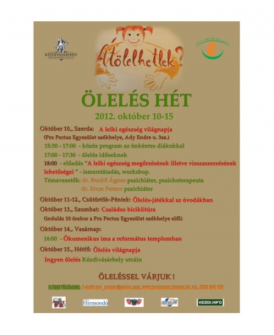 �t�lelhetlek - �lel�s H�t - Okt�ber 10-15 - Okt�ber 10 - SzerdaA lelki eg�szs�g vil�gnapja (Pro Pectus egyes�let sz�khelye, Ady Endre utca 3 sz�m)15:30 - 17:00 - k�z�s program az �nk�ntes di�kokkal17:00 - 17:30 - �lel�s id�seknek18:00 - el�ad�s 'A lelki eg�szs�g meg�rz�s�nek illetve visszaszerz�s�nek lehet�s�gei' - ismeret�tad�s, workshop.T�mavezet�k: dr. Benk� �gnes pszichi�ter, pszichoterapeuta, dr. Ercse Ferenc pszichi�ter.Okt�ber 11-12 - Cs�t�rt�k - P�ntek�lel�s j�t�kkal az �vod�kbanOkt�ber 13 - SzombatCsal�dos biciklit�ra - indul�s a Pro Pectus egyes�let sz�khelye el�l.Okt�ber 14 - Vas�rnap�kumenikus ima a reform�tus templombanOkt�ber 15 - H�tf��lel�s vil�gnapja - Ingyen �lel�s K�zdiv�s�rhely utc�in�lel�ssel V�rjuk!El�rhet�s�gek:Email: pro_pectus@yahoo.com