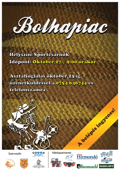 Bolhapiac a kézdivásárhelyi Sportcsarnokban - Október 27-én, szombaton, 9 órától Kézdivásárhely Polgármesteri Hivatalának sportirodája, a Hobbi Csere-Bere Klub és a Szentkereszty Stephanie Egyesület szervezésében újraindul Kézdivásárhelyen a bolhapiac.Szeretettel várunk mindenkit, itt adhat-vehet-cserélhet bárki bármilyen könyvet, sportfelszerelést, játékot, ruhát, cipőt, vagy bármilyen más tárgyat.Asztalfoglalás október 23-ig üzenetküldéssel a 0754 646 744-es telefonszámra.A belépés ingyenes.