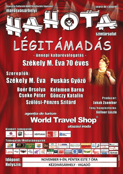 �nnepi Hahota-el�ad�s K�zdiv�s�rhelyen - A Hahota sz�nt�rsulat L�git�mad�s c�mmel �nnepi kabar�v�logat�sra h�vja kedves n�z�it november 9-�n, p�ntek este 7 �r�ra, a k�zdiv�s�rhelyi Vigad� el�ad�term�be.Az el�ad�ssal Szekely M. �va sz�nm�v�szn�t 70 �ves sz�let�snapj�n k�sz�nti a t�rsulat.Szerepl�k : Sz�kely M. �va, Pusk�s Gy�z�, Bo�r Orsolya, Cseke P�ter, Kelemen Barna, G�nczy Katalin �s Sz�l�si-P�nzes Szil�rd.Jegyek el�v�telben a Vigad� jegyp�nzt�r�n�l kaphat�k.A k�zdi.inf� 1 jegyet sorsol ki a hozz�sz�l�k k�z�tt az esem�nyre. Eredm�nyh�rdet�s november 8.-�n, cs�t�rt�k�n este 23 �rakor.