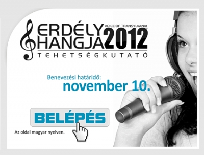 M�g 5 nap van h�tra az Erd�ly Hangja 2012 benevez�si hat�ridõig - November 10.-�n z�rul a jelentkez�si hat�rid�! Tehets�ges vagy? Benevezt�l m�r? M�g csak 5 napod van, hogy �lj a lehet�s�ggel, �s te legy�l a gy�ztes. A f�d�j 1000 eur� �s sok m�s �rt�kes nyerem�ny �s lehet�s�g.Kik jelentkeztek eddig?�vod�sokt�l nyugd�jasokig, minden koroszt�lyb�l vannak r�sztvev�k, Erd�lyb�l, Magyarorsz�gr�l �s Szlov�ki�b�l is. Az Erd�ly Hangja tehets�gkutat�ra mindenki jelentkezhet, aki �gy �rzi van amit megmutasson a sz�npadon.www.erdelyhangja.roA tavaly nem siker�lt?Ha a tavaly nem te vitted el a f�d�jat, akkor id�n ism�t �jra megpr�b�lhatod. Lehet, hogy nem siker�lt akkor maxim�lis teljes�tm�nyt ny�jts, vagy fejl�dt�l az�ta, �s id�n te lehetsz az Erd�ly Hangja gy�ztese.A zs�riAz idei verseny zs�ritagjai:Mikl�s Gyuri (A Knock Out, Erd�ly legn�pszer�bb zenekar�nak basszusgit�rosa)G�sp�ry Istv�n Zsolt (A Bumer�ng zenekar ex-�nekese / A Retro R�di� / Fun FM m�sorvezet�je)Cserk�sz Emese (A Snaps Vocal-Band egy�ttes m�v�szeti vezet�je)Szil�gyi Zsolt Herbert (Jazz-zongorista)A verseny tiszteletbeli zs�ritagja, Tam�s G�bor - Erd�ly minden id�k legn�pszer�bb k�nny�zene �nekese, aki megtisztel majd a jelenl�t�vel, mint zs�ri �s b�r�lni fogja a verseny d�nt�seit.A zs�ri Erd�ly leghitelesebb tehets�g�t keresi. L�gy te az! Jelentkezz �s gy�zd meg �ket, hogy te vagy a legjobb!Erd�ly eddigi legnagyobb szab�s� tehets�gt�mogat� kezdem�nyez�se az Erd�lyHangja, 2010-ben indult, melynek r�v�n, id�n, ism�t lehet�s�g ny�lik, �j, eddig m�g nem hallott tehets�gek felfedez�s�re, kort�l, nemt�l, nemzetis�gt�l, b�rsz�nt�l, felekezeti vagy politikai hovatartoz�st�l f�ggetlen�l. A verseny c�lja, hogy felkutassa �s t�mogassa a hazai tehets�geket, hozz�j�rulva karrierj�k fejlõd�s�hez itthon, illetve k�lf�ld�n.Az Erd�lyHangja tehets�gkutat� verseny mikrofon el� h�vja a hazai tehets�geket �s a m�dia figyelm�be aj�nlja �ket. A 2010-, 2011-es �vadok siker�t figyelembe v�ve - t�bbsz�z jelentkez� �s t�bb mint f�lmilli�s k�z�ns�gi t�bor, �vente, �s id�n, imm�r harmadik alkalommal ker�l megszervez�sre a tehets�gkutat�.Az Erd�ly Hangja 2012-es tehets�gkutat� verseny el�d�nt�i, K�zdiv�s�rhelyen, a Vigad� M�vel�d�si H�zban, az OdeonEvents rendezv�nyszervez� iroda t�mogat�s�ban (www.odeonevents.com), valamint a d�nt� g�laest, Sepsiszentgy�rgy�n, a Sepsiszentgy�rgy Sz�kelyf�ld Kultur�lis �s Ifj�s�gi F�v�rosa 2012 rendezv�nysorozat keret�ben ker�l megrendez�sre.
