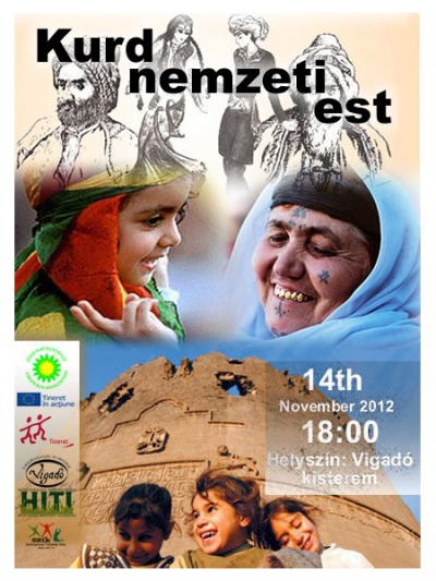 Kurd nemzeti est - November 14-�n szerd�n 18 �rai kezdettel a Vigad� ki�ll�t�term�ben a Z�ld Nap Egyes�let vend�ge lesz Seyhmus Kardes �s Filiz Kaya Dyiarbakirb�l (T�r�korsz�g).A k�t kurd nemzetis�g� fiatal EVS �nk�ntes szolg�latot teljes�t a HITI �nk�ntes k�zpontn�l Sepsiszentgy�rgy�n.A kurd nemzeti esten alkalmunk lesz megismerkedni a kurdok t�rt�nelm�vel, hagyom�nyaival, �tel k�l�nlegess�geikkel.Szeretettel v�runk mindenkit!A nemzeti estet a Fiatalok Lend�letben program 2.es alprogramja az Eur�pai �nk�ntes Szolg�lat t�mogatja.M�diat�mogat�k: Profi R�di�, Transindex, Kezdi.info, Pluszport�l, Sz�kely �js�g, Sz�kely H�rmond�, Siculus R�di�, Polyp Tv, H�romsz�k, SzabadidõkalauzPlak�tterv: Seyhmus Kardes