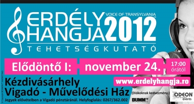 Erd�ly Hangja 2012 - Els� el�d�nt�: november 24. Szombat - Az elm�lt h�t utols� fel�ben lezajlottak a 2012-es Erd�ly Hangja tehets�gkutat� meghallgat�sai. Hogy megk�nny�ts�k a versenyz�k dolg�t, a szervez� st�b ell�togatott hat nagyobb v�rosba, ahol minden versenyz� bemutathatta �nektud�s�t.Szerd�n a sepsiszentgy�rgyi M�v�szeti N�piskola adott otthont a verseny v�logat�j�nak, majd a k�zdiv�s�rhelyi Vigad� M�vel�d�si H�zban is sz�p sz�mmal jelentek meg a versenyz�k. Cs�t�rt�k�n a cs�kszeredai Insomnia Pub-ban, illetve a sz�kelyudvarhelyi Jungle �tteremben tartott�k a castingot. P�nteken Marosv�s�rhelyen �s Kolozsv�ron a Bulgakov k�v�hazba invit�lt�k, a tehets�g�ket kamatoztatni akar� fiatalokat.A zs�ri dolga nagyon neh�znek bizonyult, hiszen a t�bbsz�z versenyz� k�z�l csak 36 versenyz� sz�m�ra volt biztos a tov�bbjut�s.A tov�bbjut� versenyz�k: Kis No�mi Laura, Silay R�ka, P�l Szil�rd, Fadgyas Egmond, Hochbauer �va, Larion Elena Cristina, Moldov�n Erika, Bajz�t Orsolya, Bajk� Kinga, L�venberger Orsolya, Sz�cs Ren�ta, Imerh R�ka, Kocsis Csongor Zsolt, Moln�r J�zsef, Bondor Salom�, Barab�s R�ka, Horv�th Linda Orsolya, Kosma Adrienn, Marschal Bernadett, Hompoth Hanna,&nbsp; Sz�sz �gnes, Portik H. Livia, Kapit�ny Kinga, K�d�r Brigitta, Logof�tu Diana, M�th� Istv�n Zsolt, Antal Andrea, Bokor T�nde, Nyomtat� Enik�, Jakab P�ter Izabella, S�ndor Csaba, Holl� Piroska, B�ndi Enik�, Csomor Kinga, S�ndor Zsombor L�szl� �s Boriceanu Malina.Az el�d�nt�k helysz�ne a k�zdiv�s�rhelyi Vigad� M�vel�d�si H�z, melyek november 24.-�n, december 1-, �s 8.-�n lesznek megtartva, m�g a d�nt� g�laestre a sepsiszentgy�rgyi Tam�si �ron sz�nh�zban december 16.-�n ker�l sor.Jegyek kaphat�k a helysz�nen a m�sor kezdtete el�tt. Di�kok �s nyugd�jjasok sz�m�ra a bel�p�jegy kedvezm�nyes.