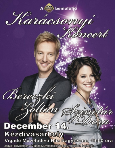 Bereczki Zolt�n Szinet�r D�ra kar�csonyi koncert - December 14. 19 �ra - Bereczki Zolt�n Szinet�r D�ra kar�csonyi koncertBereczki Zolt�n EMeRTon-d�jas magyar sz�n�sz, �nekes, zenei producer 2001-ben v�gezte tanulm�nyait a Sz�nh�z �s Filmm�v�szeti F�iskola operett-musical tanszak�n. Ugyanebben az �vben megjelent els� sz�l�lemeze 'Sz�z �v' c�mmel. 2004-ben zenei producerk�nt is bizony�tott: � k�sz�tette az 'Operett Angyalai' form�ci� hangszerel�s�t, �s az Operettsz�nh�z 'Mozart!' c�m� produkci�j�nak CD-j�t. Az � nev�hez f�z�dik a 2005-ban megjelent magyar nyelv� 'R�me� �s J�lia' CD is. 2005-ben S�g� Csiga-d�jat, 2006-ban Emerton-d�jat kapott az �v musical sz�n�sze kateg�ri�ban. Rendszeresen fell�p a Magyar Telev�zi� 'Csin�ljuk a fesztiv�lt' c�m� m�sor�ban, amelynek egyik sorozat�t 2007-ben megnyerte.2011-ben r�szt vett a TV2 Nagy Duett c�m� m�sor�ban, ahol Peller Mariannal alkotott duettp�rost. 2012-ben felk�rt�k a TV2 Megaszt�r 6 c�m� m�sor�ban zs�ritagnak.Szinet�r D�ra, J�szai Mari-d�jas sz�nm�v�szn�, tagja a Budapesti Operett Sz�nh�z tagjaib�l alakult Operett Angyalai form�ci�nak, 14 �ves kora �ta �nekel.A Vigad� sz�nh�zterm�ben sorra ker�l� koncertre a bel�p� 35 lej.