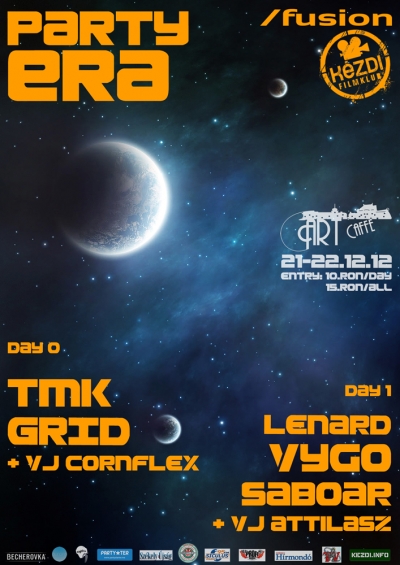 Party Era - TMK / Grid / Lenard / Vygo / Saboar - December 21-22 között tér vissza a Kezdi Filmklub a Party Era eseménnyel az Art Caffe-ban Kézdivásárhelyen.day0 (21.12)TMK - (Kézdivásárhely) - Allmassivehttp://soundcloud.com/trippertmkhttp://allmassive.org/tamaka/-dubstep, garage, breaks, dub, drumandbassGRID (Sepsiszentgyörgy) - Tone Troopershttp://soundcloud.com/gridhttp://www.mixcloud.com/grid/-drumandbass, breaks+VJ Cornflexday1 (22.12)LENARDhttp://www.mixcloud.com/Lenard/VYGOhttps://soundcloud.com/vygoSABOARhttp://www.facebook.com/perfusionsoundhttps://soundcloud.com/saboar+VJ AttilaszTamakaMár gyerekkorában megfertőződött a zenével Bach, Shostakovich-on keresztül Gonda János és James Brown-ig.Elemi osztályoskén zongorázni, majd a jazz fele irányulva Cserkész Béla tanítványaként szaxofonon játszik.Ez idő alatt teszi le alapjait zenegyűjteményének. A kolozsvári Gaio
Big-band-ben játszik és párhuzamosan helyi rádiók műsorait vezetve kerül
el a CD-Radiohoz - utóbbi jelölve a Nights.ro awards legjobb rádiós
zeneműsorai mellett mint az MTV, ProFM, Carl Cox.Zoomout, Unusual Suspects, TMBase, AnonimTM, Skunk Predatorz, Guerilla Outernational, LBC Kru, DownSound stb. helyi dj-k és promoterekkel együtt promoválva a breakbeat stílusjegyeihez közel álló műfajokat, szoros kapcsolatot
ápol a legnagyobb underground zenekiadókkal mint Goodlooking Records,
K7-Studio, TCR, Chi-recordings, In-Flight Entartainment. Ezzel egyidőben
kezd el dj-ként fellépni kisebb-nagyobb rendezvényeken - mint A38,
Félsziget, Tralala, útjára indítva baráti társaságával az Allmassive
partykat.Zeneileg a jazztől a kísérleti elektronikus zenéig minden
fellelhető mixeiben, megtartva a törzsi - tribal - hangzáson belül a
zene kozmikus dimenziókon átívelő üzenetét, mint a triphop, funk, jazz,
deephouse, breaks, nuskoolbreaks, drumandbass, dubstep.http://mixcloud.com/trippertmkhttp://allmassive.org/tamakaentry:10.ron/day15.ron/allA hozzászólok között a kezdi.info 2 db 2 napos belépőt sorsol ki.