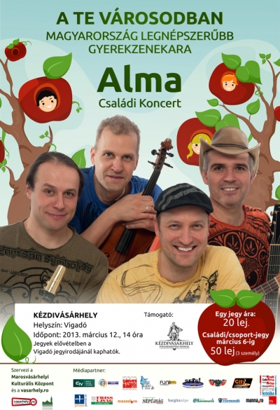 Az Alma zenekar koncertje gyerekeknek és szülõknek - Erdélyben koncertezik az Alma Zenekar, Magyarország legnépszerûbb gyerekzenekara. Az együttes március 12-én 15 orakor Kézdivásárhelyen zenél a gyerekeknek és szüleiknek. A médiában is egyre ismertebb zenekar évi 300 koncertet ad, több mint 12.000 Facebook rajongója van, a 'Ma van a szülinapom pom pom!' címû dalnak pedig több mint 8.000.000 YouTube-letöltése van. Az együttes Magyarország leggyakrabban megosztott Facebook tartalmát szolgáltató zenekara.Az egyedi stílusú etno-zenét játszó együttes bár látszatra a gyerekekhez szól, koncertjeik mégis családi koncertek, ahol a felnõttek szórakoztatásáról is gondoskodnak. A zenekar mûsorában a saját dalok mellett a klasszikus és kortárs költõk legszebb verseinek megzenésített  darabjai is helyet kapnak.Jegyek elõvételben a Vigadó jegyirodájánál kaphatók.Támogatja Kézdivásárhely Polgármesteri Hivatala