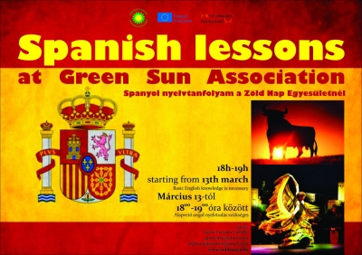 Ingyenes spanyol nyelvtanfolyam Gemával! - Gema vagyok, EVS önkéntes a kézdivásárhelyi Zöld Nap Egyesületnél. Szeretettel várlak benneteket, hogy közösen tanuljunk spanyolul.A spanyol nyelvleckék március 13-tól veszik kezdetét a Zöld Nap Egyesület székhelyén (Kézdivásárhely, 33-as udvartér, 1 szám), minden szerdán 6 órai kezdettel.Amire szükséged van az csak alapvetõ angol nyelvtudás és mérhetetlen energia egy új és csodálatos nyelv elsajátítására.Bõvebb információk a gpuerma@gmail.com vagy a zoldnapegyesulet@gmail.com email címeken kérhetõek avagy a 0766.611066-os telefonszámon.Részvételi szándékodat kérlek jelezd legkésõbb március 10-ig. A helyek száma korlátozott.Gyere el és tanuljunk együtt!A projektet a Fiatalok Lendületben (Youth in Action) program, Európai Önkéntes Szolgálat második alpontja támogatja.