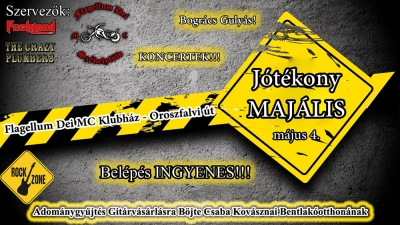 Jótékonysági majális bogrács gulyás főzéssel, koncertekkel - 2013 május 4-én szombaton a Flagellum Dei Székelyföld Motor Club, a Feelgood és a The Crazy Plumbers bogrács gulyás főzéssel, koncertekkel jótékonysági majálist szervez a Flagellum Dei MC oroszfalvi klubházában.Az esemény alkalmával adománygyűjtést szerveznek gitárvásárlásra a Böjte Csaba Kovásznai Bentlakóotthonának.