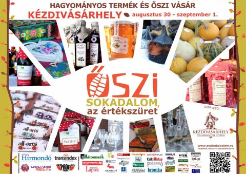 K�zdiv�s�rhely-i v�rosnapok / �szi Sokadalom �s v�s�r 2013 - A K�zdiv�s�rhely-i v�rosnapok / �szi Sokadalom �s v�s�rra augusztus 28. �s szeptember 1. k�z�tt ker�l sor.Augusztus 28., szerda19:00 A k�zdiv�s�rhelyi V�rosi Sz�nh�z �vadnyit� el�ad�sa / Vigad� M�vel�d�si H�z nagytermeAugusztus 29., cs�t�rt�k20:00 Nyit�koncert: Szul�k Andrea, Kedvenc dolgaim. Zongor�n k�s�r: Bolba Tam�s zongoram�v�sz / Vigad� M�vel�d�si H�z nagyterme. (Jegyek K�zdiv�s�rhelyen a Vigad� jegyp�nzt�r�ban, Sepsiszentgy�rgy�n a Sz�kely H�rmond� szerkeszt�s�g�ben v�s�rolhat�k.)22:00 Pribojszki M�ty�s Band / Borudvar, Jazz Caf�Augusztus 30., p�ntek10:00 Ismerked�s We�res S�ndor megzen�s�tett verseivel, k�nyvillusztr�ci� k�sz�t�se, gyurm�z�s a k�lt� versei alapj�n / B�r� Wessel�nyi Mikl�s V�rosi K�nyvt�r10:00 M�zeumudvar: A megh�vott testv�rv�rosi �s k�rny�kbeli m�zeumok bemutatkoz�sa �s m�zeumpedag�giai foglalkoz�sok, valamint interakt�v vet�lked� / Incze L�szl� C�ht�rt�neti M�zeum udvara11:00 Z�ld Napok 2013 - Megnyit�. �dv�zl� besz�dek: Tam�s S�ndor, Kov�szna Megye Tan�cs�nak eln�ke, Bokor Tibor, K�zdiv�s�rhely polg�rmestere, Bagoly Mikl�s Levente, ASIMCOV eln�ke, Papp Zolt�n, a k�zdiv�s�rhelyi ASIMCOV eln�ke / Sportcsarnok12:00 Hagyom�nyos term�k �s �szi v�s�r / G�bor �ron t�r12:00 K�zm�ves ki�ll�t�s �s v�s�r / G�bor �ron t�r13:00 Z�ld Napok 2013 - �rtekezlet: Kov�szna megye �s K�zdiv�s�rhely gazdas�gi helyzete. T�m�k: gazdas�gi helyzet, inkub�tor h�z, ipari park, fafeldolgoz�s, konfekci�, turizmus �s mez�gazdas�g. Besz�l�k: Tam�s S�ndor, Kov�szna Megye Tan�cs�nak eln�ke, Bokor Tibor, K�zdiv�s�rhely polg�rmestere, Bagoly Mikl�s Levente, ASIMCOV eln�ke, Nagy Lajos, az Asimcov vezet�tan�cs�nak tagja, v�llalkoz�, Heged�s Ferenc, v�rosi tan�cstag, v�llalkoz�, Kozma B�la, a Kov�szna Megyei Agr�rkamara �gyvezet�je. Moder�tor: Papp Zolt�n, a k�zdiv�s�rhelyi ASIMCOV eln�ke / Sportcsarnok14:00 Besz�lj�nk sz�pen magyarul besz�dtechnikai gyakorlatok We�res S�ndor verseivel / B�r� Wessel�nyi Mikl�s V�rosi K�nyvt�r17:00 K�nyvbemutat�: H�romsz�k t�rt�netei t�rk�peken, Mikl�s R�ka k�nyve / Koszt�ndi k�pt�r17:00 Ki�ll�t�smegnyit�: II. orsz�gos �s nemzetk�zi pap�rszalv�ta, k�rtyanapt�r �s telefonk�rtya ki�ll�t�s b�rz�vel egybek�tve a Hobbi Cserebere Klub szervez�s�ben / Gy�jtem�nyek H�za17:00 Kreat�v Lounge: Fot�s workshop �s photobooth - �lt�zz be �s fot�zkodj a haverokkal / Silent Dance Party s�tor, Vigad� udvara17:30 A Tanul�k H�za f�v�szenekar�nak �s mazsorettcsoportj�nak m�sora, Gyergyai Barna vez�nyl�s�vel. A mazsoretteseket betan�totta: Kis Katalin. Az �szi Sokadalom v�s�r�nak hivatalos megnyit�ja / Sz�npad, G�bor �ron t�r18:00 L�szl� Attila koncert / Sz�npad, G�bor �ron t�r19:30 Kisteh�n Zenekar / Sz�npad, G�bor �ron t�r21:00 Kush Kush koncert / Borudvar, Jazz Caff�22:00 K�pzelt riport egy amerikai popfesztiv�lr�l, Presser G�bor musicalje. �rta: D�ry Tibor, zene: Adamis Anna. El�adj�k: a Macskak� di�ksz�nj�tsz� csoport �s helyi sz�list�k. �l�ben zen�l a Metropolis egy�ttes. Rendezte: Kolcs�r J�zsef / Sz�npad, G�bor �ron t�r00:00 Bumer�ng koncert / Sz�npad, G�bor �ron t�rAugusztus 31., szombat10:00 Hagyom�nyos term�k �s �szi v�s�r / G�bor �ron t�r10:00 K�zm�ves ki�ll�t�s �s v�s�r / G�bor �ron t�r10:00 A Pity�kafesztiv�l megnyit�ja / Moln�r J�zsi�s park10:00 M�zeumudvar: A megh�vott testv�rv�rosi �s k�rny�kbeli m�zeumok bemutatkoz�sa �s m�zeumpedag�giai foglalkoz�sok, valamint interakt�v vet�lked� / Incze L�szl� C�ht�rt�neti M�zeum udvara10:00&nbsp;Olvas�smaraton We�res S�ndor sz�let�s�nek 100. �vfordul�ja tisztelet�re az �r� m�veib�l / B�r� Wessel�nyi Mikl�s V�rosi K�nyvt�r10:00 Kreat�v Lounge: PR vs. Marketing - gyorstalpal� ismertet�, gyakorlati p�ld�k, el�ad�s / Silent Dance Party s�tor, Vigad� udvara11:00 Pity�kafesztiv�l - F�z�verseny / Moln�r J�zsi�s park11:00 Kreat�v Lounge: PR �gyn�ks�gek szerepe a k�l�nb�z� szektorokban, el�ad�s / Silent Dance Party s�tor, Vigad� udvara12:00 M�zeumudvar: A Keress�k egy�tt a m�zeum c�mer�t p�ly�zat gy�ztes�nek d�jaz�sa / Incze L�szl� C�ht�rt�neti M�zeum udvara12:00 N�pi gyerekj�t�kok a Csipker�zsika Napk�ziotthon nagycsoportosainak el�ad�s�ban. �v�n�k: B�lint M�ria �s Cs�k�ny Zsuzsanna / Sz�npad, G�bor �ron t�r12:30 T�gass�got nek�nk is hagyom�ny�rz� m�sorsz�m: esztelneki gyerekmond�k�k, cs�fol�d�k Gazda Kl�ra gy�jtem�ny�b�l, valamint felcs�ki t�ncocsk�k a Vackor �voda Csigabiga �s Borsik�k csoportjainak el�ad�s�ban. �v�n�k: Bak� Fazakas Zsuzsa �s L�z�r Edit / Sz�npad, G�bor �ron t�r12:30 Kreat�v Lounge: Cannes-i rekl�mfilmek vet�t�se / Silent Dance Party s�tor, Vigad� udvara12:50 N�pi gyerekj�t�kok a Vackor �voda Micimack� nagycsoportj�nak el�ad�s�ban, �lm�nypedag�gia m�dszerrel betan�tva. �v�n�k: Bimb� Zita �s Csekme No�mi / Sz�npad, G�bor �ron t�r13:00 N�pi gyermekj�t�k �ssze�ll�t�s a Man�cska Napk�ziotthon nagycsoportosainak �s az 5-�s sz�m� �voda ovisainak el�ad�s�ban. �v�n�k: Barth� Zelinda, De�k Katalin, F�s�s Ad�l, F�s�s Hilda, K�sz Ildik�, Mojzi Ildik� �s Cserei Izabella / Sz�npad, G�bor �ron t�r14:00 Kreat�v Lounge: Rekl�mfilmek vet�t�se, elemz�se / Silent Dance Party s�tor, Vigad� udvara15:00 Kreat�v Lounge: K�llai Em�nuel el�ad�sa: On-line marketingr�l k�z�rthet�en / Silent Dance Party s�tor, Vigad� udvara15:30 Gy�ngyvir�g n�pt�nccsoport: felcs�ki �s pal�c t�ncok. Szall� Erzs�bet, a Bod P�ter Tan�t�k�pz� IX. oszt�lyos tanul�ja n�pdalokat �nekel, M�rkos Zsolt IX. oszt�lyos tanul� mes�t mond / Sz�npad, G�bor �ron t�r16:00 Kreat�v Lounge: Sz�cs Barna el�ad�sa: On-line PR megold�sok �s kamp�nyok / Silent Dance Party s�tor, Vigad� udvara16:00 A Maassluis Nyugd�jas Klub n�pt�nccsoportja / Sz�npad, G�bor �ron t�r16:00 Kov�cs Hunor VII. oszt�lyos tanul� zongoraestje, felkesz�t� tan�rok: H�jja �gnes �s dr. Stela Dr�gulin / Vigad� kisterme17:00 Kreat�v Lounge: Kerekasztal-besz�lget�s �s ki�rt�kel� / Silent Dance Party s�tor, Vigad� udvara17:00 Metropolis / Sz�npad, G�bor �ron t�r18:00 Groovehouse / Sz�npad, G�bor �ron t�r19:30 Baricz Gerg� �s zenekara / Sz�npad, G�bor �ron t�r21:00 G�sp�r �lmos �s megh�vottja / Borudvar, Jazz Caf�22:00 Piramis+ / Sz�npad, G�bor �ron t�r00:00 T�zker�k XT (Paks) / Sz�npad, G�bor �ron t�rSzeptember 1., vas�rnap10:00 Hagyom�nyos term�k �s �szi v�s�r / G�bor �ron t�r10:00 K�zm�ves ki�ll�t�s �s v�s�r / G�bor �ron t�r10:00 M�zeumudvar: A megh�vott testv�rv�rosi �s k�rny�kbeli m�zeumok bemutatkoz�sa �s m�zeumpedag�giai foglalkoz�sok, valamint interakt�v vet�lked� / Incze L�szl� C�ht�rt�neti M�zeum udvara15:00 Minisnaps / Sz�npad, G�bor �ron t�r16:00 M�csafej koncert / Sz�npad, G�bor �ron t�r17:00 Jazz Kal�ka / Sz�npad, G�bor �ron t�r18:00 Prog. Organ Quartett / Borudvar, Jazz Caff�19:00 Nagy Fer� �s a Beatrice / Sz�npad, G�bor �ron t�r20:30 Prog. Organ Quartett (folytat�s) / Borudvar, Jazz Caff�21:30 Hooligans / Sz�npad, G�bor �ron t�r23:15 T�zij�t�k�lland� programok08:00 - 20:00 II. orsz�gos �s nemzetk�zi pap�rszalv�ta, k�rtyanapt�r �s telefonk�rtya ki�ll�t�s b�rz�vel egybek�tve a Hobbi Cserebere Klub szervez�s�ben / Gy�jtem�nyek H�za10:00 - 20:00 Hagyom�nyos term�k �s �szi v�s�r / G�bor �ron t�r10:00 - 20:00 K�zm�ves ki�ll�t�s �s v�s�r / G�bor �ron t�r10:00 - 18:00 Z�ld Napok 2013 - Ki�ll�t�s �s v�s�r / SportcsarnokR�szletek itt:http://www.oszisokadalom.ro/