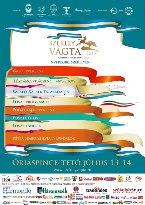 N�gy k�zdiv�s�rhelyi lovas a Sz�kely V�gt�n - K�zdiv�s�rhelynek van lovas hagyom�nya, ha csak a valamikori fogathajt� versenyekre, vagy a ma is j�l m�k�d� Incitato t�borra gondolunk.�ppen ez�rt id�n K�zdiv�s�rhely �nkorm�nyzata n�gy lovast k�ld a j�lius 13-14-�n megrendez�sre ker�l� Sz�kely V�gt�ra. A maksai �ri�spince-tet�n tartand� esem�nyen K�zdiv�s�rhelyt B�di Albert k�pviseli majd, Nyujt�d k�pviselet�ben Terebesi Ill�s indul, Oroszfalut M�t� L�szl�, S�rfalv�t &nbsp;Berde L�r�nd k�pviseli.A Sz�kely V�gta idej�n, j�lius 13-�n �s 14-�n a k�zdiv�s�rhelyi RO-D Transport buszj�ratokat ind�t az �ri�spince-tet�re, Maks�ra. A j�ratok a Millennium parkt�l indulnak �r�nk�nt, az els� j�rat 10 �rakor indul, az utols� busz 23 �rakor indul vissza a Pince-tet�r�l. Egy �tra 6 lejbe, oda-vissza 10 lejbe ker�l az utaz�s.A Sz�kely V�gta programjahttp://www.szekelyvagta.ro/P�ntek - j�lius 12.21:30 Nyilv�nos f�pr�ba: T�zT�nc - vil�gzenei koncert �s t�nc-showSzombat - j�lius 13.09:00 Lovas p�lyapr�ba11:00 Kov�ts Andr�s F�v�szenekar (R�ty) - magyar indul�k12:00 A Sz�kely V�gta �nnep�lyes megnyit�ja. A versenyz�k bevonul�sa12:45 Sz�kely sz�kek tal�lkoz�ja - Megnyit� (helysz�n: az eml�km� m�g�tt)13:00 El�futamok - els� r�sz (1-4. futam)14:00 Sz�kely sz�kek tal�lkoz�ja: a legszebb ki�ll�t� telep�l�s kihirdet�se (helysz�n: az eml�km� m�g�tt)14:00 Kettes- �s n�gyesfogathajt� verseny15:15 A fogathajt� verseny d�j�tad� �nneps�ge15:30 Puszta �t�s bemutat�16:00 El�futamok - m�sodik r�sz (5-8. futam)17:15 Lovas�j�sz bemutat�18:00 Puszta �t�s bemutat�18:30 Lovas t�ncok - Shagya Lovasklub (a k�r�spataki K�lnoky csal�d lovard�ja)19:00 Husz�rn�t�k - Szilaj Hagyom�ny�rz� Egyes�let19:30 �v�ri Gazd�sz N�pt�nc Egy�ttes (Mosonmagyar�v�r)21:30 T�zT�nc - vil�gzenei koncert �s t�nc-showVas�rnap - j�lius 14.09:00 Lovas p�lyapr�ba12:00 K�z�pfutamok13:00 D�jugrat� verseny �s bemutat� - Genov�va Lovarda (Cs�kszereda)14:00 Lovas harcm�v�szeti bemutat� - Sagittis Siculorum Egyes�let15:00 Husz�rbemutat� �s csatajelenet - Sz�kely Virtus Hagyom�ny�rz� Egyes�let16:15 Puszta �t�s bemutat�16:45 P�nifutam17:00 H�ress�gek fogathajt� versenye17:40 K�l�nd�jak �tad�sa17:50 Husz�r roham18:15 D�nt�18:25 D�j�tad� �nneps�g19:00 NOX-sl�gerek - P�ter Szab� Szilvia �s a Tini Dance Center t�ncosai�lland� programok10:00-19:00 K�pz�m�v�szeti ki�ll�t�s az Incitato nemzetk�zi alkot�t�bor anyag�b�l10:00-19:00 N�pm�v�szeti �s lovas k�zm�ves v�s�r10:00-19:00 Sz�kely term�kek v�s�ra11:00-19:00 Gyermekfoglalkoz�sok11:00-19:00 Lovagoltat�s11:00-19:00 Sz�kely sz�kek tal�lkoz�ja