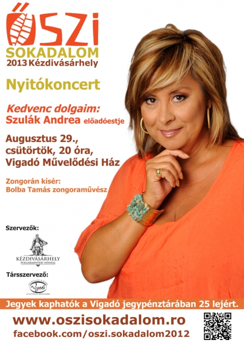 Szul�k Andrea el�ad�sa cs�t�rt�k�n a Vigad�ban - Szul�k Andrea el�ad�sa augusztus 29., cs�t�rt�k�n este 20 �rakor, Vigad� M�vel�d�si H�zban.A TV2 t�v�ad�n fut� �nek iskol�ja c�m� m�sor legszigor�bb, m�gis �rz� sz�v� tan�ra karrierje sor�n m�r szinte mindent el�rt, ismerhetj�k t�nczen�szk�nt, �nekesek�nt, musical-szerepl�k�nt, sz�n�szn�k�nt, telev�zi�s m�sorvezet�k�nt, t�v�bemond�k�nt. Az EMeRTon-d�jas Szul�k Andrea m�gsem el�sz�r haz�j�ban, hanem kicsit nyugatabbra (Hollandi�ban, N�metorsz�gban, Angli�ban) tal�lt fiatals�g�ban boldogul�st, majd - hazat�rt�vel - a Neoton Fam�lia kett�szakad�sa ut�ni �j Neoton egy�ttes �nekesn�je lett. 1998 �ta a Budapesti Operettsz�nh�z �lland� tagja, primadonna szerepben �s komikak�nt egyar�nt im�dta �s im�dja ma is a k�z�ns�g. A T�rsulat 'l�gysz�v�' zs�rije, majd a Nagy Duett szt�rja, a Magyar Telev�zi� m�sorvezet�je, a Szerencseker�k vet�lked� arca a Story4TV-n. Kisl�nya sz�let�se �ta kicsit a sz�npadon �s kulissz�k m�g�tt is r�ragadt a 'mindenki anyuk�ja' szerep, � ezt m�gsem b�nja. Arra viszont a mai napig k�pes, hogy hol harsog� sl�gerekkel, hol b�g� hang� dzsessz�nekesn�k�nt b�v�li el a rajong�it. Ez�ttal makul�tlan dinamizmussal valamint szipork�z� musical �s operett r�szletekkel l�p fel a k�zdiv�s�rhelyi k�z�ns�g el�tt.Legszebb eml�keit hozza K�zdiv�s�rhelyre - Szul�k Andrea kedvenc dolgaiKarrierje sor�n m�r szinte mindent el�rt, ismerhetj�k t�nczen�szk�nt, �nekesk�nt, musical-szerepl�k�nt, sz�n�szn�k�nt �s telev�zi�s m�sorvezet�k�nt is. Az EMeRTon-d�jas Szul�k Andrea augusztus 29-�n lesz az �szi Sokadalom megh�vottja. K�zdiv�s�rhelyi fell�p�se kapcs�n, kedvcsin�l�k�nt k�sz�tett�nk vele r�vid interj�t.- Kedvenc dolgaim a c�me a m�sornak, amivel K�zdiv�s�rhelyen fell�p. Mi az, ami a legk�zelebb �ll a sz�v�hez, ann�l is ink�bb, hogy t�bb m�fajt is k�pvisel a magyar zenei vil�gban (operett, musical, jazz, pop)? Van kedvence?&nbsp;- Ez olyan, mintha egy any�t�l az k�rdezn�k, melyik a legkedvesebb gyermeke. Nekem a zene az �letem, �ppen ez�rt kapta ezt a c�met ez a v�logat�s. Minden sz�m egy �zenetet hordoz, a m�ltam valamely mozzanat�nak, nagyobb jelent�s�g� esem�ny�nek a lenyomata. Mindegyik darabhoz egy-egy t�rt�net is f�z�dik, amit az el�ad�s sor�n ismertetni fogok a k�z�ns�ggel.- �gy olvastam, a kisl�nya, Rozina m�r kijelentette, hogy ha megn�, az anyuk�j�val szeretne egy�tt �nekelni. �nnek mi volt a gyerekkori �lma?- Hat�rozottan �nekes� akartam lenni. B�r a l�nyom r�sz�r�l, az � kor�ban ez az elhat�roz�s m�g enyh�n sz�lva is barokkos t�lz�s, de term�szetesen, ha a m�v�szi p�ly�t v�lasztja majd, t�mogatni fogom. Mint minden sz�l�nek, sz�momra is a gyermekem boldogs�ga a legfontosabb.- �n k�ztudottan lelkes, elk�telezett anyuka. Hogyan egyeztethet� ez a nagy p�rg�s az anyai szereppel?- Mivel karrierem kezdete �ta mozgalmas az �letem, m�ra m�r siker�lt kialak�tanom a saj�t ritmusomat, amibe a csal�d is belef�r. Gyakorlat teszi a mestert ezen a t�ren is. Az is el�fordul, hogy a csal�dom velem tart egy-egy hosszabb kisz�ll�s idej�re.- A sz�npad k�ts�gk�v�l „romantikusabb” k�zeg, mint a telev�zi�. Mi az, ami a k�perny�k m�g� vonzza?- A telev�zi�s szerepl�s val�j�ban csak egy j�t�k, a n�pszer�s�g, a nevemmel j�r� hiteless�g velej�r�ja. Ez nem volt k�l�n v�gy, de egy lehet�s�get ad arra, hogy k�zelebb ker�ljek a rajong�imhoz - azokhoz is, akiknek ritk�n van alkalmuk az �l� fell�p�seimre elj�rni.&nbsp;- Mikor j�rt, vagy j�rt-e m�r Erd�lyben? Van valamilyen maradand� �lm�nye?- Eddig egyszer siker�lt eljutnom a K�rp�t-medence keleti r�sz�be, de m�r j� ideje tervezek egy hosszabb Erd�ly k�rutat, ann�l is ink�bb, hogy a felmen�im odaval�siak.- Mit kell tudni Bolba Tam�s zongoram�v�szr�l, aki a k�zdiv�s�rhelyi el�ad�son �nt zongor�n k�s�ri?- Bolba Tam�s a Budapesti Operettsz�nh�z �s a Mad�ch Sz�nh�z karmestere, t�bb rangos form�ci� tagja, kiv�l� m�v�sz, zongorista. Mindezek mellett pedig j� bar�tom, teh�t egyk�ppen a Kedvenc dolgaim egyik elmaradhatatlan hozz�tartoz�ja.Szul�k Andrea el�ad�estj�re m�r lehet jegyeket v�s�rolni a Vigad� M�vel�d�si H�z jegyp�nzt�r�ban, valamint Sepsiszentgy�rgy�n a Sz�kely H�rmond� sz�khely�n.N�VJEGYSZUL�K ANDREA �nekesn�, sz�n�szn�, m�sorvezet�Sz�letett: 1964. febru�r 8-�n.A 80-as �vekben k�lf�ld�n dolgozott t�nczen�szk�nt. Miut�n visszak�lt�z�tt Magyarorsz�gra, rangosabb lok�lokban �s b�rokban l�pett fel. 1990-ben az �j Neoton �nekesn�je lett, 1992 �s 1994 k�z�tt a Rap�l�k zenekarral dolgozott. 1993-ban � k�pviselte Magyarorsz�got az Eurov�zi�s Dalfesztiv�lon az �rva reggel c�m� sz�m�val, de az el�d�nt�ben sajnos kiesett. 1994-ben az �v �nekesn�je lett. 1998-ban kezdte meg a t�v�s karrierj�t a TV2-n�l a Ki vagyok �n? c�m� m�sor�val, ahol saj�t m�sort is vezetett a k�tezres �vek elej�n, ak�rcsak a Magyar Telev�zi�n�l. A k�perny�k�n l�thattuk m�g a Szerencseker�k m�sorvezet�jek�nt (Story4), 2013-ban a SuperTV2 Nagy Duett c�m� zen�s m�sor�ban szerepel Papp Gergely partnerek�nt, valamint id�n �prilisban az �nek iskol�ja tehets�ggondoz� (TV2) „tan�ri kar�hoz” is csatlakozott.Sz�nh�zi karrierje 1998-ban indult be az Operettsz�nh�z sz�npad�n, a Hotel Menthollal, melyet olyan tov�bbi nagysiker� darabok k�vettek, mint A diz�z, a Heged�s a h�ztet�n vagy a Nyomorultak. Jelenleg a J�t�ksz�n Ac�lmagn�li�k el�ad�s�ban �s az Operettsz�nh�z Rebecca - A Manderley h�z asszonya c�m� darabj�ban l�that�.&nbsp;2007. �prilis 26-�n �letet adott l�ny�nak, Rozin�nak.BOLBA TAM�S (szinkron)sz�n�sz, zenei vezet�, kiv�l� zongorista �s zeneszerz�Sz�letett: 1971. augusztus 19-�nRengeteg ismert filmh�s magyar hangjak�nt tal�lkozhattunk vele a k�perny�k�n, m�r gyerekkor�t�l k�lcs�n�zte a hangj�t a filmiparnak. Csak a legut�bbiakat eml�tve hallhattuk a Shrek sorozat mindegyik epiz�dj�ban, a Toy Storyban, a Garfield �s a Hupik�k t�rpik�k rajzfilmekben, a Karib-tenger kal�zaiban stb., de � szerezte A kis hable�ny magyar v�ltozat�nak zen�j�t is. Fels�fok� zenei k�pz�st a Liszt Ferenc Zenem�v�szeti Egyetemen szerzett, az�ta igen term�keny zeneszerz�, tehets�g�t a Budapesti Operettsz�nh�zban, a Mad�ch, Csokonai, Th�lia �s Karinthy Sz�nh�zakban, de sz�mos m�s t�rsulatn�l is kamatoztatja. Ami tal�n hozz�nk a legk�zelebb �ll, hogy a Dancs Annamari f�szerepl�s�vel a Budapesti Operettsz�nh�z m�sor�n fut� �rd�g�l� M�zsi�s zen�s mesej�t�k karmestere.