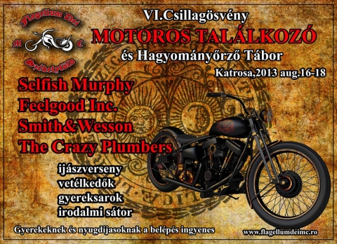 VI. Csillagösvény Motoros Találkozó és Hagyományőrző Tábor - 2013 augusztus 16 és 18 között a Katrosában rendezi meg 6.-ik alkalommal a Flagellum Dei MC Székelyföld a Csillagösvény Motoros Találkozó és Hagyományőrző Tábor-t.A tábor alatt az íjászverseny, vetélkedők, gyereksarok, irodalmi sátor mellett koncertek is gazdagítják a programot.Fellépnek a Selfish Murphy, Feelgood Inc, Smith & Wesson és The Crazy Plumbers zenekarok.Felvonulás pénteken este 18 órakor az oroszfalvi klubháztól.Gyerekeknek és nyugdíjasoknak a belépés ingyenes.