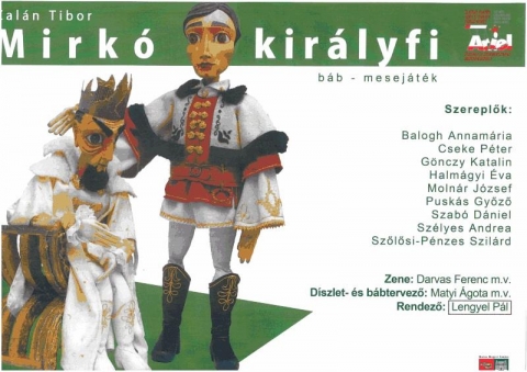 Mirkó királyfi - az Ariel Ifjúsági és Gyermekszínház előadása - A Vigadó Művelődési Ház nagyteremében 2013. október 2.-án, szerdán délelőtt 10 óra és 11.30 órai kezdettel adja elő az Ariel Ifjúsági és Gyermekszínház Zalán Tibor MIRKÓ KIRÁLYFI előadását.A Fehér király legkisebb fia - Mirkó - táltos paripája hátán elindul, hogy kiszabadítsa fogságából apja barátját, majd megszabadítja a Kutyafejű rabságától Feket Virágot, a világszép királylányt. Útját izgalmas kalandok kísérik, melyből nem hiányzik a vitézség, csoda, lelemény, ármány, szerelem ...Szereplők:Balogh AnnamáriaCseke PéterDeák RékaGönczy KatalinHalmágyi ÉvaMolnár JózsefPuskás GyőzőSzabó Dániel e.h.Szélyes AndreaSzőlősi-Pénzes SzilárdZeneszerző: Darvas FerencDíszlet- és bábtervező: Matyi ÁgotaRendező: Lengyel Pál