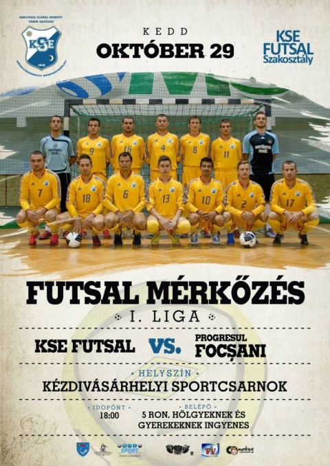 KSE Futsal - Focsani Progresul a sportcsarnokban - Október 29.-én, kedden 18 órától I. liga futsal mérkőzés a kézdivásárhelyi sportcsarnokban.A KSE Futsal látja vendégül a Focsani Progresul együttesét.A belépő 5 lej, gyerekeknek és hölgyeknek ingyenes.