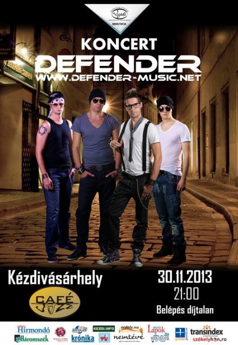 Defender koncert a Vigadó Mûvelõdési Ház szervezésében a Jazz Café-ban - Defender koncert a Vigadó Mûvelõdési Ház szervezésében a Jazz Café-ban 2013 november 30.-án szombaton este 21 óratól.A Defender együttes 1996-ban alakult. Azóta 7 lemezük jelent meg. Jelenleg Erdély egyik legkiemelkedõbb és legsikeresebb rockzenekara. Elsõ zenekar Erdélyben amelyik magyar nyelvû nagylemezt jelentetett meg és amelyik a Budapesti PeCsaban többször is koncertezett. Számos sztárvendéggel zenélt együtt, sõt duett dalok is születtek ezáltal, Pataky Attilával és Keresztes Ildikóval is. Az évek során több Defender dal is volt úgy televiziós mint radios topok elsõ helyén akár hónapokon keresztül is. A zenekar ma is 40-60 koncertnek és több mint 100 rádió és TV megjelenésnek tesz eleget évente. Több világmárka is támogatja az együttest, ilyenek például a Saxoo London, Motor Jeans, Philip Russell, Basic Fashion, Line 6, Lornion.Az együttes jelenlegi felállása: Fülöp Imre - ének, gitárDãnuț Chiorean Péter - gitárCzikmántori Rajmund - basszusgitárSzabó Ferenc - dobok.A belépés díjtalan!