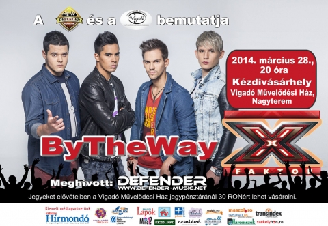 ByTheWay és a Defender a Vigadóban - 2014. március 28.-án 20 órától a Vigadó Mûvelõdési Ház nagytermében a ByTheWay magyar fiúegyüttest láthatjuk és hallhatjuk a Defender zenekar társaságában!A ByTheWay, a 2013-as X-Faktor 2. helyezettje és egyben a verseny legsikeresebb csapata. A jelenlegi formáció a magyarországi X-Faktor negyedik évadában tûnt fel elõször, bár a korábbi szériákban így vagy úgy, de mindannyian szerepeltek már. A 2013-as évadban bejutottak az élõ show-ba.A Defender együttes 1996-ban alakult. Azóta 7 lemezük jelent meg. Jelenleg Erdély egyik legkiemelkedõbb és legsikeresebb rockzenekara. Elsõ zenekar Erdélyben amelyik magyar nyelvû nagylemezt jelentetett meg és amelyik a Budapesti PeCsaban többször is koncertezett. Számos sztárvendéggel zenélt együtt, sõt duett dalok is születtek ezáltal, Pataky Attilával és Keresztes Ildikóval is. Az évek során több Defender dal is volt úgy televíziós mint rádiós topok elsõ helyén akár hónapokon keresztül is.Jegyeket elõvételben a Vigadó Mûvelõdési Ház jegypénztáránál 30 lejért lehet vásárolni.A kézdi.infó 1 db 2 személyes ingyen belépõt sorsol ki a hozzászólók között 2014 március 27.-én, csütörtök este 23 órakor.