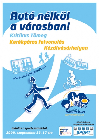 Aut� n�lk�l a v�rosban - Kritikus t�meg K�zdiv�s�rhelyen - K�zdiv�s�rhely polg�rmesteri hivatal�nak sportirod�ja �s a sepsiszentgy�rgyi Europe Direct iroda k�z�s szervez�s�ben ker�kp�ros felvonul�sra ker�l sor a c�hes v�rosban.A Kritikus T�meg elnevez�sű felvonul�s a vil�g 1500 v�ros�ban ker�l megrendez�sre szeptember 22-�n az aut�mentes nap alkalm�val.Megk�r�nk minden v�roslak�t, hogy e napon ne �zemeltesse aut�j�t, hanem k�zlekedjen gyalog, vagy ker�kp�rral!Szeretettel v�rjuk a bicikliseket du 5 �r�ra a helybeli sportcsarnok parkol�j�ba! J�jjenek, tegy�nk k�z�sen egy l�p�st a tiszta levegő �s eg�szs�g�nk �rdek�ben!www.mobilityweek.euKocsis Zolt�n sportiroda vezető