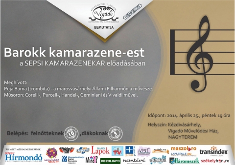 Vigad� Hangsz�n: Barokk kamarazene-est - �prilis 25.-�n p�nteken, a Vigad� M�vel�d�si H�z nagyterem�ben, 19 �r�t�l a Sepsi KamaraZenekart �s megh�vottj�t Puja Barn�t, a Marosv�s�rhelyi Filharm�nia m�v�sz�t hallhatj�k.&nbsp;M�soron Corelli-, Purcell-, Handel-, Geminiani �s Vivaldi m�vei.Feln�ttjegy: 10 lej, di�kjegy: 5 lej