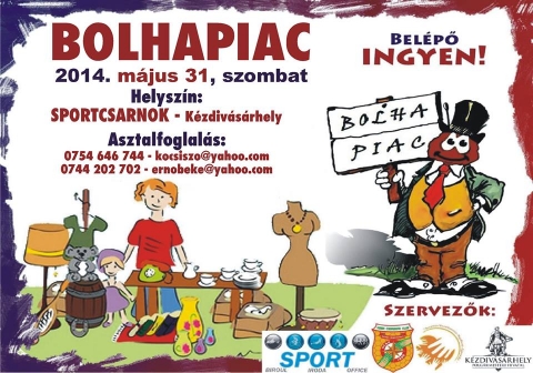 Bolhapiac a k�zdiv�s�rhelyi Sportcsarnok el�ter�ben - Nagy szeretettel v�rnak minden �rdekl�d�t, a m�jus 31.-�n szombat de. 9 �rakor kezd�d� Bolhapiacra, amely a k�zdiv�s�rhelyi Sportcsarnok el�ter�ben lesz megszervezve. Adhatsz-vehetsz, csereber�lhetsz b�rmit, ami neked megtetszik.Asztal haszn�lat �s bel�pti d�j ingyenes!