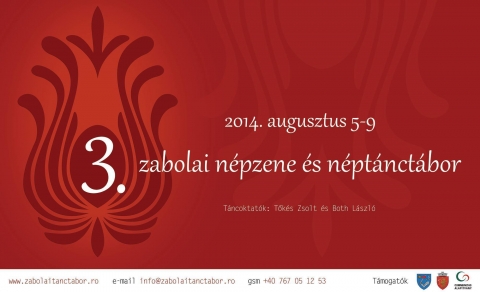 III. Zabolai N�pzene �s N�pt�nc t�bor  - 2014 augusztus 5 �s 9 k�z�tt megszervez�sre ker�l a III. Zabolai N�pzene �s N�pt�nc t�bor.
A t�bor helysz�nei a Zabolai Kult�rh�z, Teleh�z, Cs�ng� N�prajzi M�zeum �s a Mikes Kast�ly.

A s�vid�ki t�ncok oktat�i halad� szinten T�k�s Zsolt �s p�rja (H�romsz�k T�ncegy�ttes), kezd�knek Both L�szl� �s p�rja (Gy�ngyharmat T�ncegy�ttes), gyermekeknek L�rincz Hortenzia �s Nyitrai Marianna.
A n�pdaloktat�s Nyitrai Marianna feladata. Muzsik�lnak �bri B�la �s zenekara (H�romsz�k), Nyitrai Tam�s �s zenekara (Budapest).

Mindezeken t�l, hajnalig tart� t�ncmulats�gok, kir�ndul�s a sz�kelypet�falvi szaun�hoz, szalonnas�t�s, bogr�csol�s, gyermekfoglalkoz�sok, n�pi j�t�kok, tudom�nyos n�prajzi el�ad�sok. 

Sz�ll�s �s ell�t�s csal�dokn�l 7 EUR/Nap, a s�torhely ingyenes �s napi h�rom �tkez�s.
K�lts�gek:
Magyarorsz�gr�l �rkez�knek 250 RON (60EUR)
Nyugati vend�geknek 100 EUR
Erd�lyb�l �rkez�knek 150 RON

Tov�bbi inform�ci�k�rt e-mailben az info@zabolaitanctabor.ro, telefon Gregor Roy Chowdhury 0040767051253, vagy Both L�szl� 0040757528887 sz�mokon lehets�ges.
