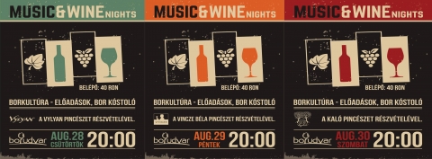 Borkultúra, Előadások, Borkóstoló - Az érdeklődők borkultúrájukat fejleszthetik az Őszi Sokadalom alkalmával, a Nemere pincében (Jazz Café-val szemben) megtartandó borkóstolók és előadások alatt.
Program:
Csütörtök // VYLYAN pincészet // 20:00h // 40 RON
Péntek // VINCZE BÉLA pincészet // 20:00h // 40 RON
Szombat // KALÓ pincészet // 20:00h // 40 RON