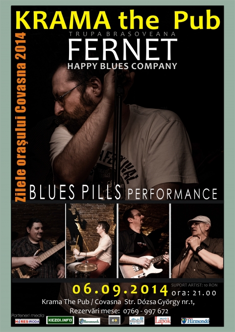 Fernet Happy Blues Company - Blues a zsigerekből a kovásznai Krama Pubban - A 2014-es kovásznai városnapokon a Fernet Happy Blues Company brassói blues –rock zenekar kilencven perces Blues Pills című produkcióját hallgathatják meg a blues muzsika kedvelői.
A Fernet Happy Blues Company zenekar 1999 ben alakult 5 kísérletező kedvű zenészből. A zene alapjaiban blues, de a kötelező formákról gyakran leválik, hogy tágasabb, kötetlenebb zenei formákba is eljusson. A tagok zenei és civil mentalitása révén nem csupán zenei műhely, hanem egy kellemes baráti társaság is kialakult. Ez rendkívül fontos tényező az efféle intím, bensőséges muzsikálás esetében.
Az alapanyagot az ismert szövegek mellett a zenekar felszabadult dallamaival sajátos hangulatot teremtenek, amelyben a blues és jazz, swing ízei és a kelet-európai lét egyedi illatai keverednek. Néhány közismert dal is a fent leírt köntösbe öltözik a zenekar kezei között.
Kritikusok szerint ez az a fajta elmélyült zene, ami bármilyen szituációban hallgatható.
Domokos Norbert vállalkozónak, és Cilli Balázs esemény-és művelődésszervezőnek valamint támogatóinak köszönhetően ismét minőségi gazdag, színvonalas, program várja a blues szerelmeseit a Kovásznai Krama Pubb –an (Dózsa György út 1 szám) szeptember 6-án este 21.00 órától.
Jegyek a helyszínen: 10 ron