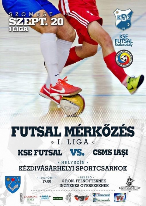 KSE Futsal - CSMS Iași I Liga mrkzs - Szeptember 20.-n szombaton 17 rtl, KSE Futsal s CSMS Iași I. Liga mrkzsre kerl sor a kzdivsrhelyi Sportcsarnokban.

A belp 5 lej felntteknek, gyerekeknek ingyenes.
Mindenkit szeretettel vrnak.


