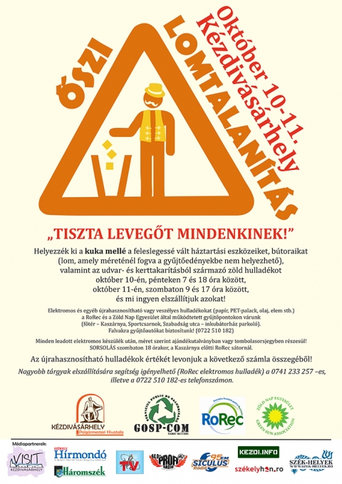 Őszi lomtalanítás és újrahasznosítás - Tiszta levegőt mindenkinek! - Október 10 és 11.-én Kézdivásárhely Önkormányzata és a Gosp-Com Kft., a RoRec Egyesülettel partnerségben újrahasznosítási és lomtalanítási kampányt hirdet, ismételten lehetőséget teremtve a háztartások nagytakarítására, illetve arra, hogy megszabaduljunk az otthonokban fölöslegessé vált tárgyaktól, veszélyes anyagoktól.
Arra kérjük a lakókat, hogy pénteken, október 10-én és szombaton, október 11-én 7 és 18 óra között helyezzék ki a szeméttárolók környékére a kidobásra szánt, nagy terjedelmű tárgyaikat, valamint a bezsákolt kerti hulladékot, és mi ingyen elszállítjuk azokat.
Elektromos, újrahasznosítható és veszélyes hulladékokat a GYŰJTŐPONTOKON (főtér: kaszárnya; Szabadság utca: inkubátorház-parkoló; sportcsarnok), 9 és 17 óra között fogadunk (pénteken és szombaton).
Itt leadható: elektromos készülék, üveg*, papír**, PET-palack, fáradt olaj.
(* síküveg, tükör, villanykörte, hőálló üvegtál, szemüveg, neoncső, orvosságos üvegek kivételével.
** zsíros és szennyezett papír, indigó, műanyag borító, faxpapír, használt egészségügyi papír vagy pelenka kivételével.)
Falvakra (Oroszfalu, Sárfalva, Nyujtód) gyűjtőautót biztosítunk (tel.: 0722 510 182).
Minden leadott, nagyméretű elektromos készülék után (hűtő, fagyasztóláda, fagyasztó, mosógép és mosogatógép, ruhaszárító-gép, légkondicionáló berendezések) ajándékutalványban részesül. Más készülék leadása esetén (vasaló, porszívó, monitor, kávéfőző, mixer, televízió stb.) tombolasorsoláson vesz részt. SORSOLÁS szombaton 18 órakor, a Kaszárnya előtti RoRec sátornál.
Díjak: 4 db dekopírfűrész; 4 db szerszámkészlet, 4 db mixer.
Az újrahasznosítható hulladékok értékét levonjuk a következő számla összegéből!
Nagyobb tárgyak elszállítására segítség igényelhető a 0741 233 257 –es (RoRec elektromos hulladék), illetve a 0722 510 182-es telefonszámon.
Felkérjük a lakosságot, illetve a lakótársulásokat, hogy a fenti napokon tisztítsák meg a hozzájuk tartozó zöldövezeteket, és a gazt, a papírokat, műanyagokat helyezzék el a konténerek mellett!
Bővebb információ a www.kezdi.ro és a www.rorec.ro honlapon.