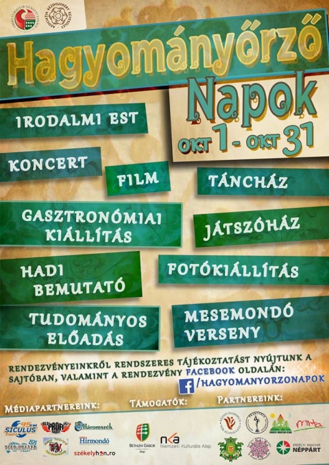 Hagyom�ny�rz� Napok - Program:
P�ntek, okt.3
10:00 �ra: Mesemond� verseny �vod�soknak �s kisiskol�soknak.
helysz�n: Lemh�ny, Bem J�zsef �ltal�nos Iskola.
18:00 �ra: Irodalmi est. Fell�p a sz�kely irodalom k�z�phada: Gy�rgy Attila, S�ntha Attila, Fekete Vince �s Muszka S�ndor.
helysz�n: K�zdiv�s�rhely, Erzs�bet terem (44.sz. Udvart�r 1)

Szombat, okt.4
15:00 �ra: Memento hadt�rt�neti t�rlat megnyit� *
16.00 �ra: B�r� Attila fot�ki�ll�t�s *
16.30 �ra: a lemh�nyi sz�kelyruha jellegzetess�gei – n�prajzi el�ad�s Nagy Zsuzsanna tan�r el�ad�s�ban.*
helysz�n: Lemh�ny (F�zfalu) 396 sz.

Vas�rnap, okt.5
okt.415.30 – 16.30 �ra: Interakt�v gyerekprogram 1-4 oszt�lyos gyerekeknek
16.30 – 17.30 �ra: Tal�lkoz�s a sz�l�kkel – Padt�rs program bemutat�sa
17.30 – 19.00 �ra: Interakt�v gyerekprogram 5-8 oszt�lyos gyerekeknek
19.00 – ifj�s�gi f�rum ' Add a kezed' 16 – 24 �ves fiataloknak
helysz�n: als�lemh�nyi Bem J�zsef �ltal�nos Iskola
szervez�: k�zdiv�s�rhelyi B�bita Egyes�let Gyermekfejleszt� �s Szabadid�/Szervez� K�zpont - Orb�n Imola
t�mogat�: Bethlen G�bor Alap

*Bene Zolt�n Csaba �s B�r� Attila – lemh�nyi lak�sok k�l�nleges szenved�lynek h�dolnak. Zolt�n 7 �ve, Attila 4 �ve szenved�lyesen gy�jtik az I. �s II. vil�gh�bor�s t�rgyakat. A szorgalmas munka gy�m�lcse be�rni l�tszik hisz t�bb mint egy �ve siker�lt egy kis h�zat b�relni�k, ahol ki�ll�thatt�k az �sszegy�jt�tt t�rgyakat.
A Memento hadt�rt�neti t�rlat �nnep�lyes megnyit�j�ra szombaton okt�ber 4-�n, 15 �rakor ker�l sor. Minden �rdekl�d�t szeretettel v�runk a lemh�nyi 396-as sz�m (F�zfalu) alatt. 
Megnyit� besz�det tart ILY�S BOTOND, t�rt�nelem szakos tan�r. Ezt k�vet�en megtekinthet�k az I. �s II. vil�gh�bor�s t�rgyak, eszk�z�k, t�bori levelez�lapok, harct�ren haszn�lt szem�lyes t�rgyak.
Ugyanitt megtekinthet� lesz B�r� Attila fot� bemutat�ja, majd ezt k�vet�en Nagy Zsuzsanna magyar-n�prajzszakos tan�r tart el�ad�st a lemh�nyi sz�kelyruha jellegzetess�geir�l.
