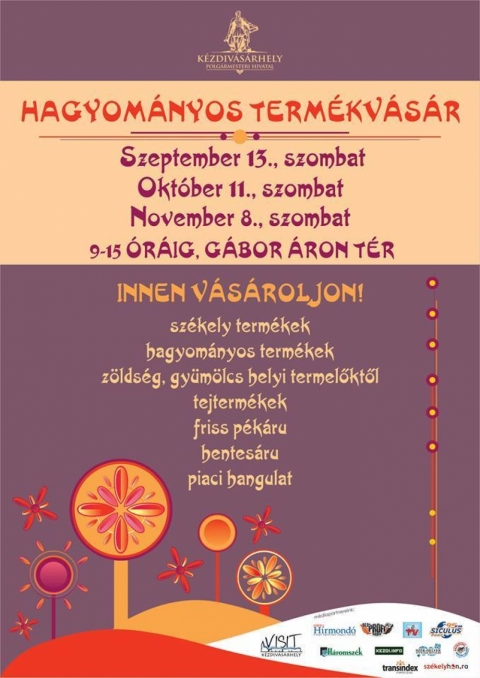 Hagyományos termékvásár novemberben - Kézdivásárhelyen a Gábor Áron téren november 8.-án, szombaton 9-15 óra között a helyi termelőktől a őszi gyümölcs, friss kerti zöldség, tejtermék, pék- és hentesáru, székely, hagyományos termékeik közül válogathat a Hagyományos termékvásáron.
A helyi bió-zöldségtermeszők is jelen lesznek, ahogyan hús-, bivaly, tehén, juh - tej-termékek, valamint sütemények és péktermékek is bőven szerepelnek a kínálatban.