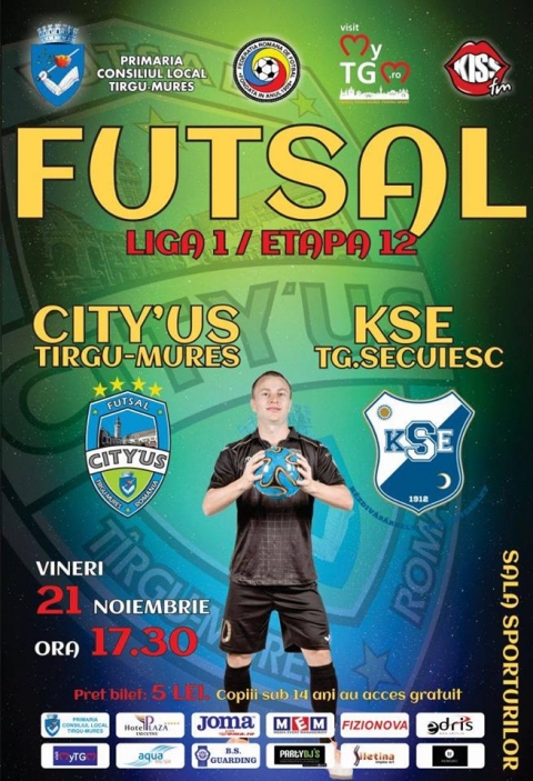 City'US Marosv�s�rhely - KSE Futsal, XII Fordul� - November 21.-�n p�nteken 17:30 -t�l, City'US Marosv�s�rhely �s KSE Futsal I.liga XII fordul� m�rk�z�s�re ker�l sor a marosv�s�rhelyi Sportcsarnokban.

Az orsz�gos bajnoks�g eredm�nyei a 9. fordul� ut�n:
1. Autobergamo D�va 27p.
2. CS City'us Marosv�s�rhely 24p.
3. Futsal Klub Sz�kelyudvarhely 22p.
4. CS United Galac 22p.
5. Spicom Sepsiszentgy�rgy 17p.
6. Dunarea Calarasi 13p.
7. CSMS J�szv�s�r 13p.
8. 6. KSE K�zdiv�s�rhely 12p.
9. Muncitorul Resica 9p.
10. AS FC Progresul Focsani 3p.
11. CFF Clujana Kolozsv�r 0p.
A bel�p� 5 lej feln�tteknek, gyerekeknek 14 �v alatt ingyenes.
Mindenkit szeretettel v�rnak.