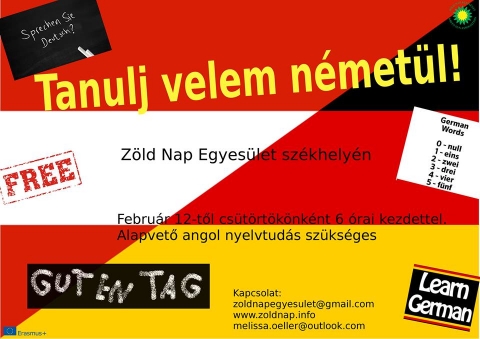 Tanulj velem németül - Sziasztok
Melissa Öller a Zöld Nap Egyesület EVS önkéntese vagyok és szeretettel meghívlak Titeket, hogy gyertek el az általam tartott német órákra. Alig várom, hogy az anyanyelvemet taníthassam , a kurzus egy jó alkalom lesz egy új nyelv elsajátítására.
A részvételhez alapvető angol nyelvtudás szükséges. Kérem jelentkezzél a zoldnapegyesulet@gmail.com email címen február 10-ig. A helyek száma korlátozott.
A nyelvleckék február 12-én csütörtökönként este 18-tól lesznek tartva az egyesület székhelyén.
Találkozunk hamarosan!
A projektet az Erasmus+, Európai Önkéntes Szolgálat pontja támogatja.